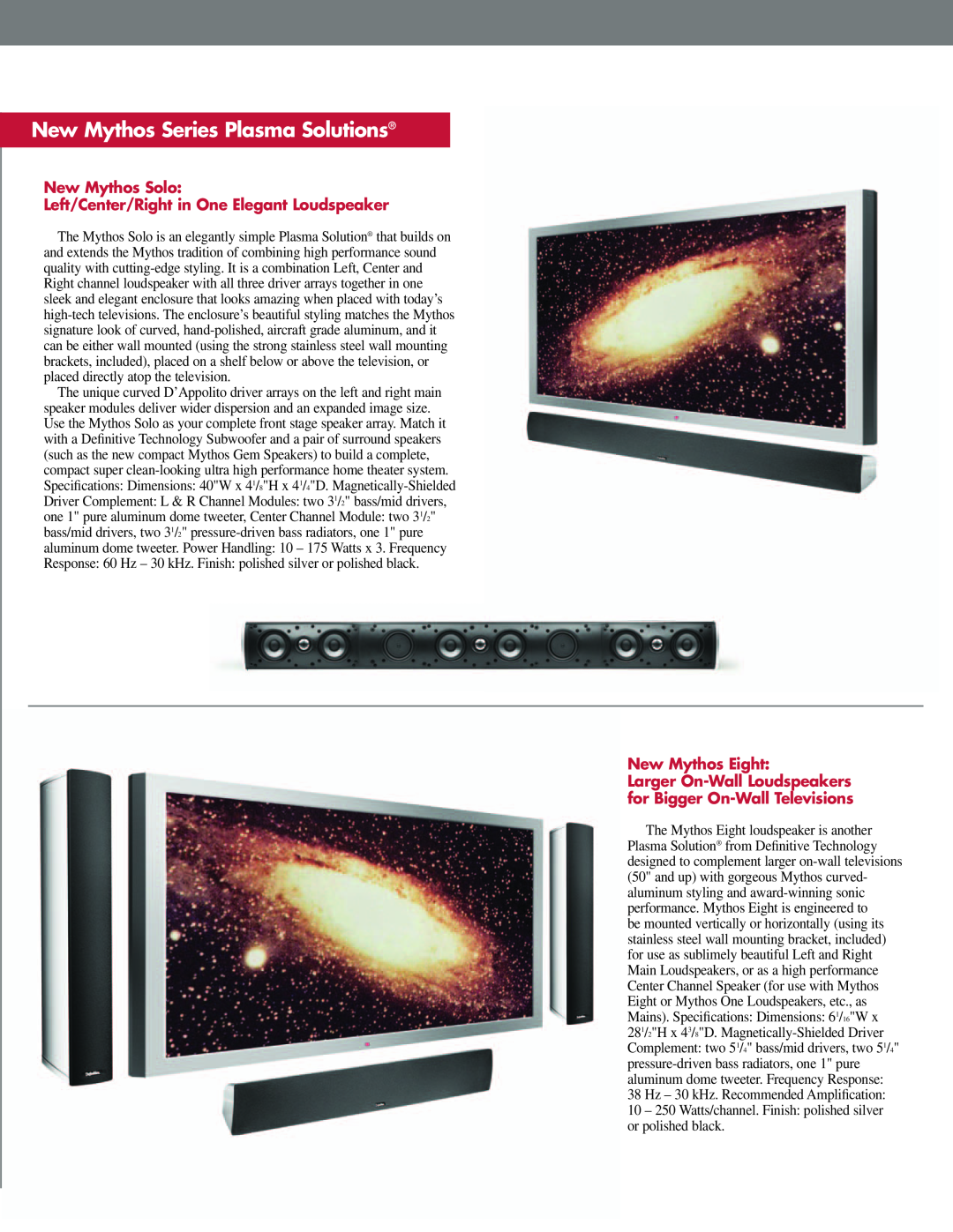 Definitive Technology New Mythos Solo Three-in-One Front Speaker Array manual New Mythos Series Plasma Solutions 