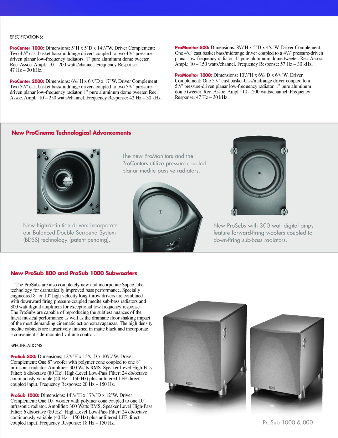 Definitive Technology ProCinema 1000 New ProCinema Technological Advancements, New ProSub 800 and ProSub 1000 Subwoofers 