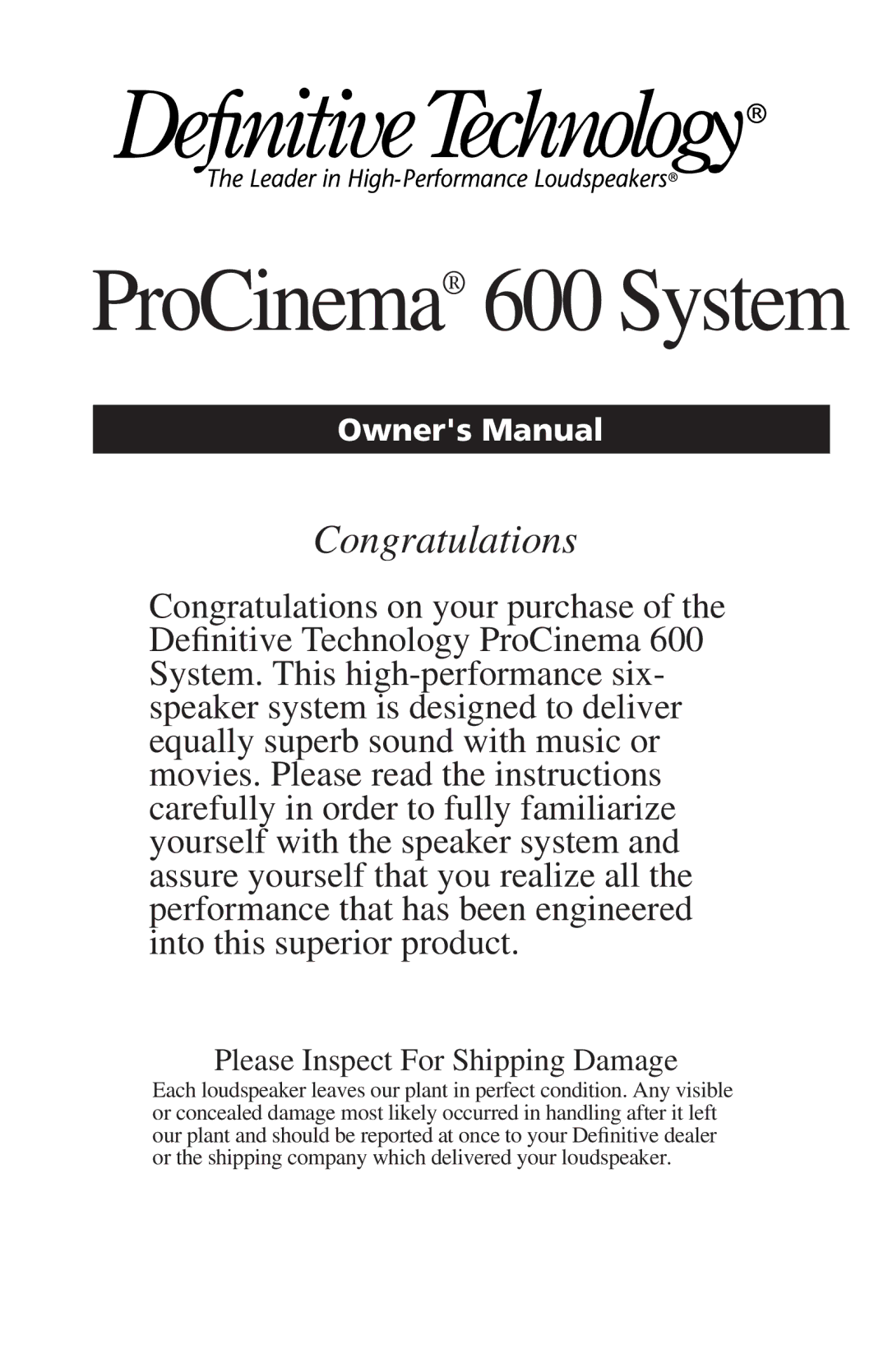 Definitive Technology PROCINEMA6006 owner manual ProCinema 600 System 