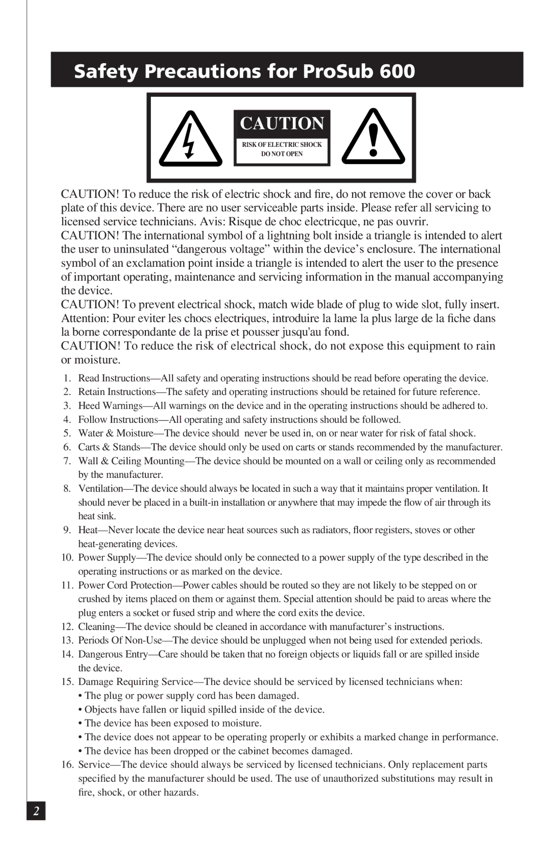 Definitive Technology PROCINEMA6006 owner manual Safety Precautions for ProSub 