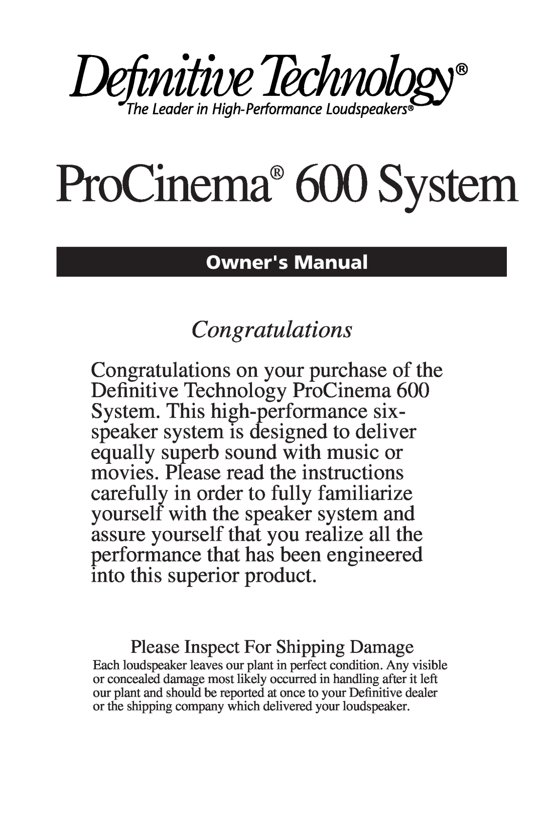 Definitive Technology PROCINEMA6006 owner manual ProCinema 600 System, Congratulations 