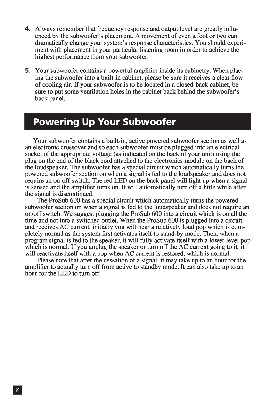 Definitive Technology PROCINEMA6006 owner manual Powering Up Your Subwoofer 