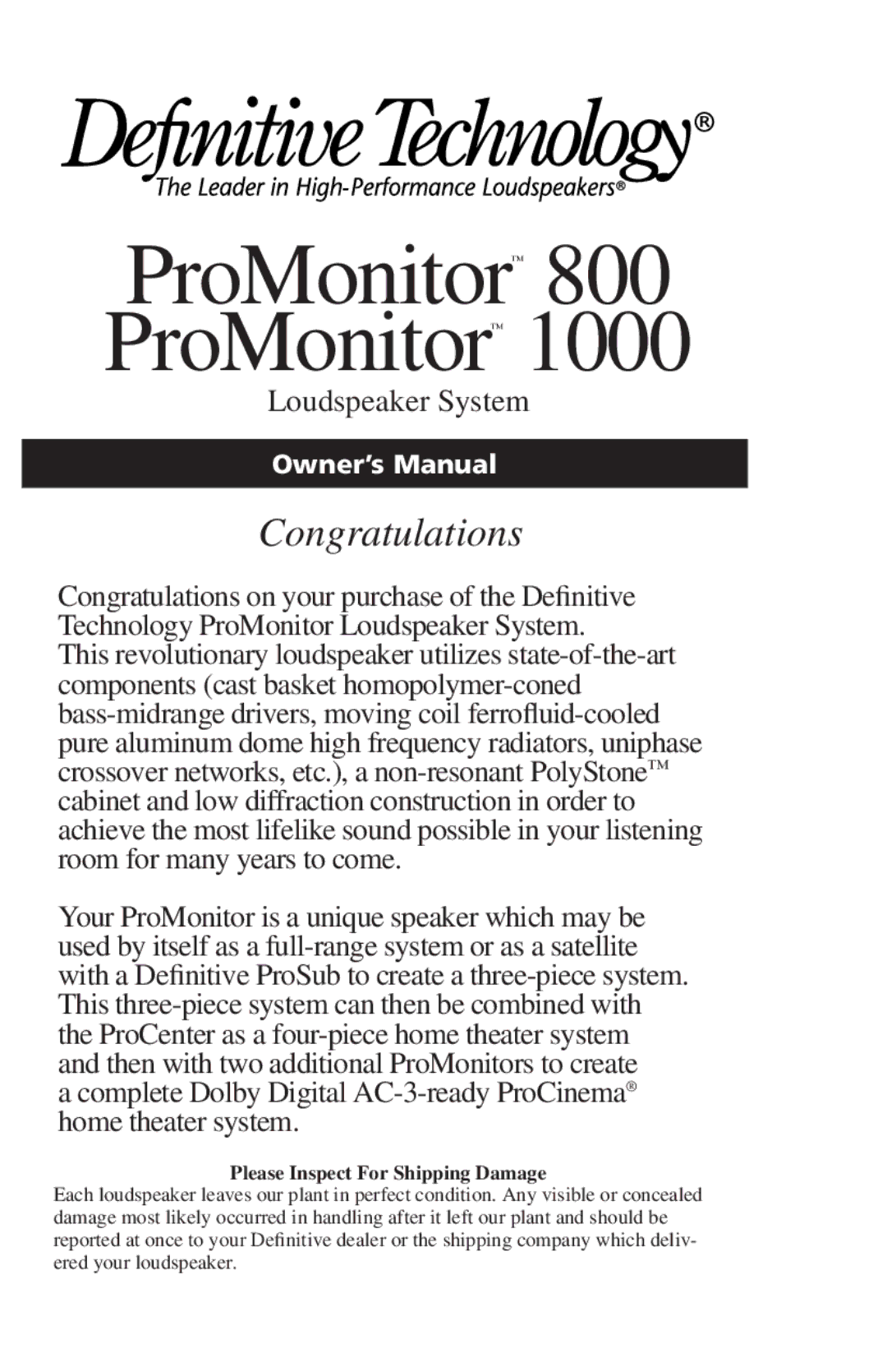 Definitive Technology PROMONITOR800B owner manual ProMonitor 800 ProMonitor 