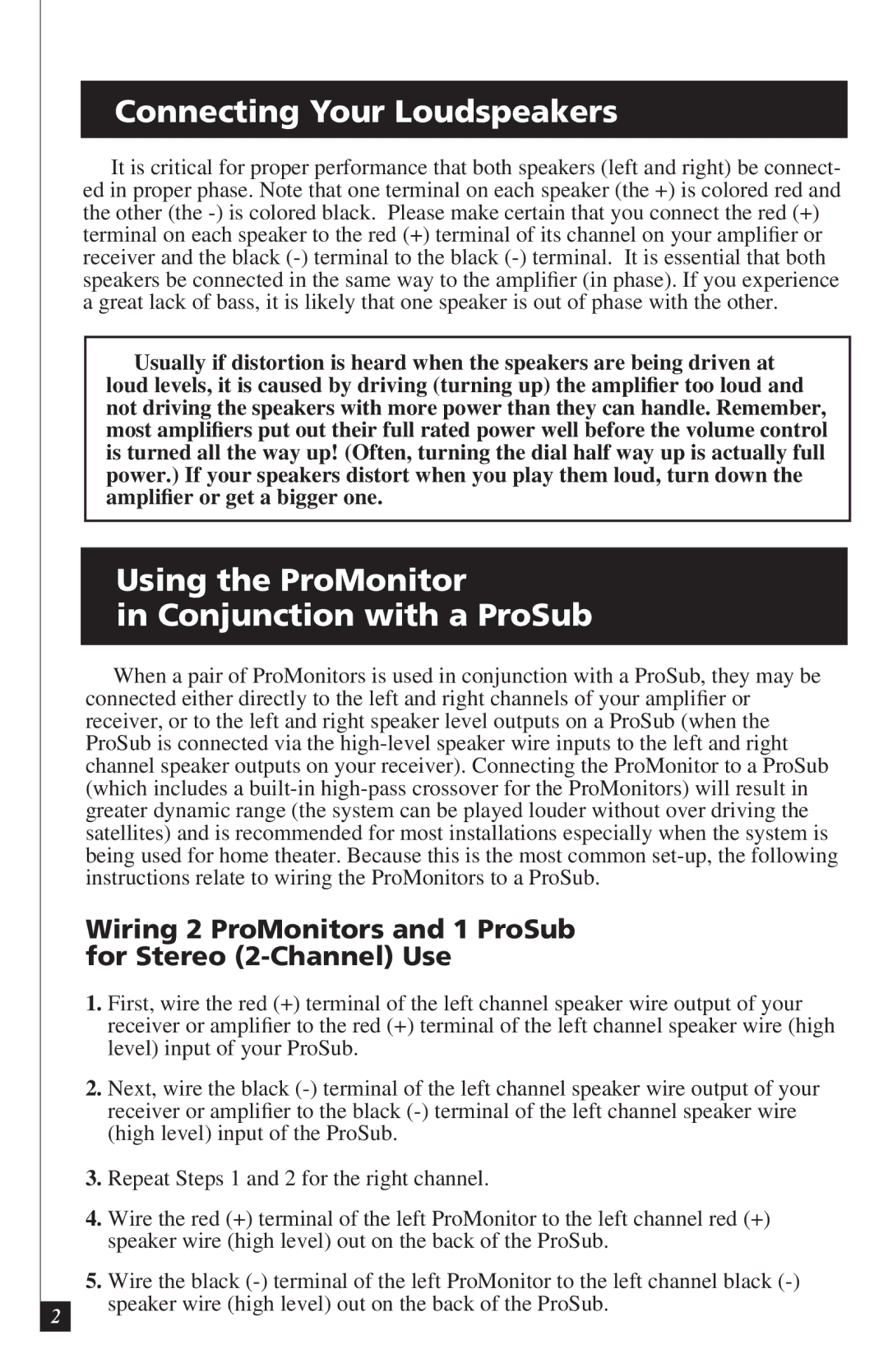 Definitive Technology PROMONITOR800B Connecting Your Loudspeakers, Using the ProMonitor Conjunction with a ProSub 