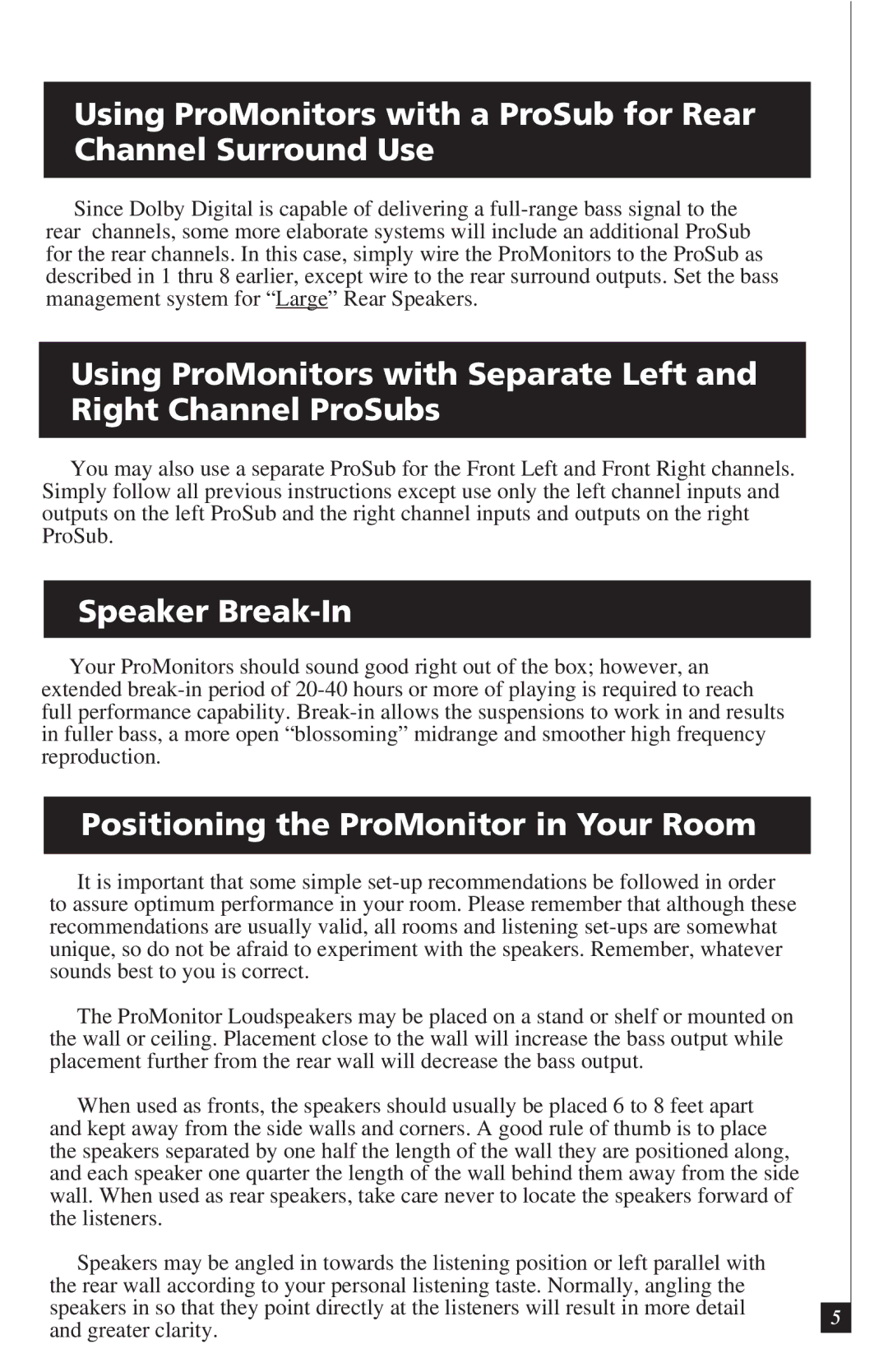 Definitive Technology PROMONITOR800B owner manual Speaker Break-In, Positioning the ProMonitor in Your Room 