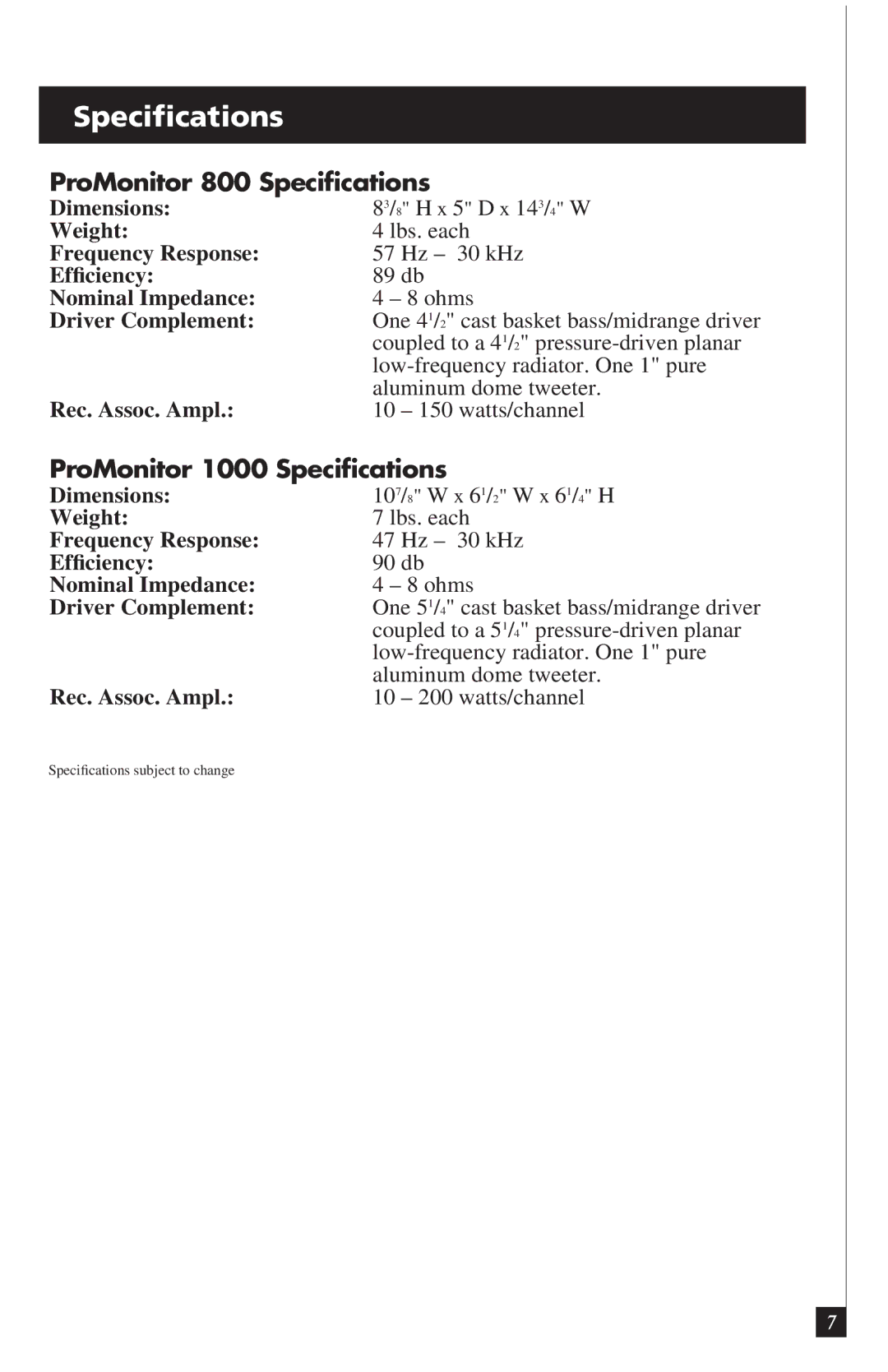 Definitive Technology PROMONITOR800B owner manual Speciﬁcations 