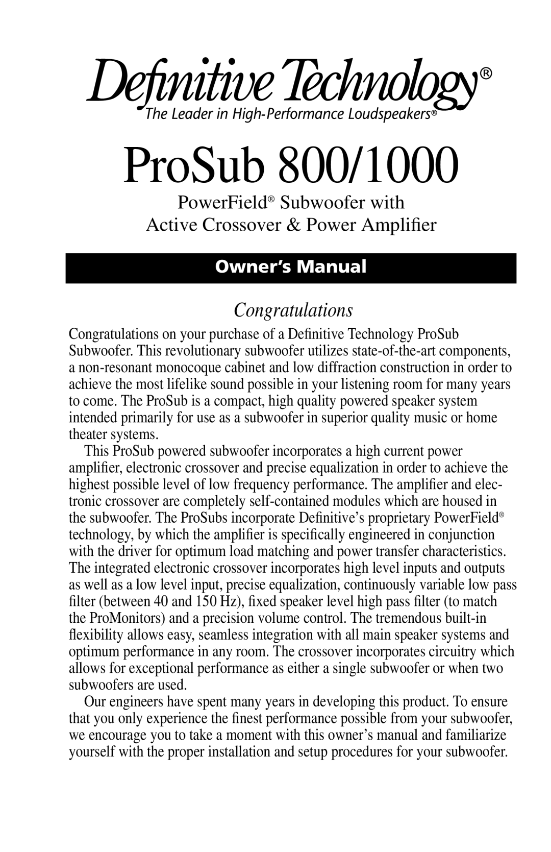 Definitive Technology ProSub Subwoofer owner manual ProSub 800/1000 