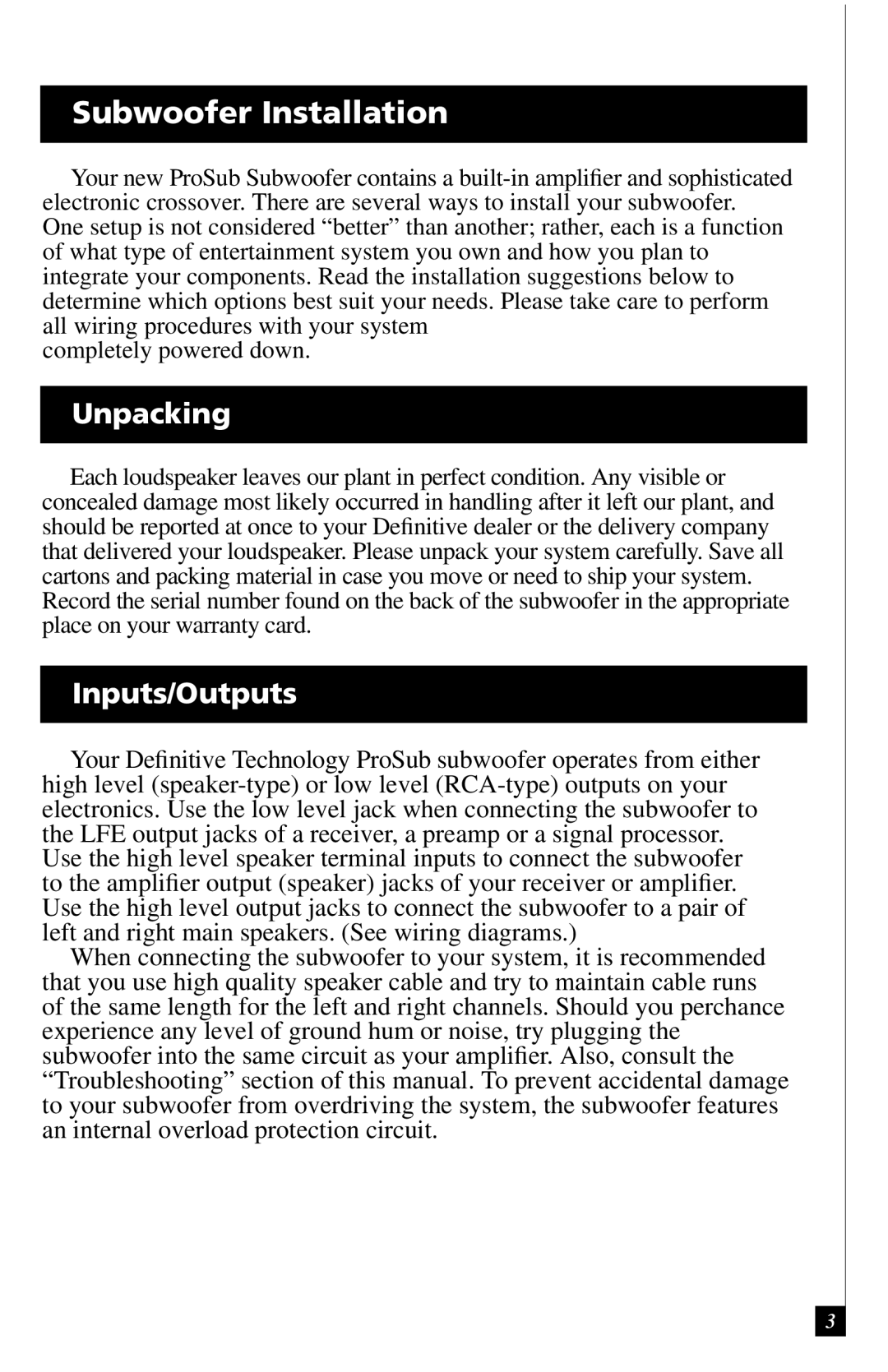 Definitive Technology ProSub Subwoofer, ProSub 800/1000 owner manual Unpacking, Inputs/Outputs 