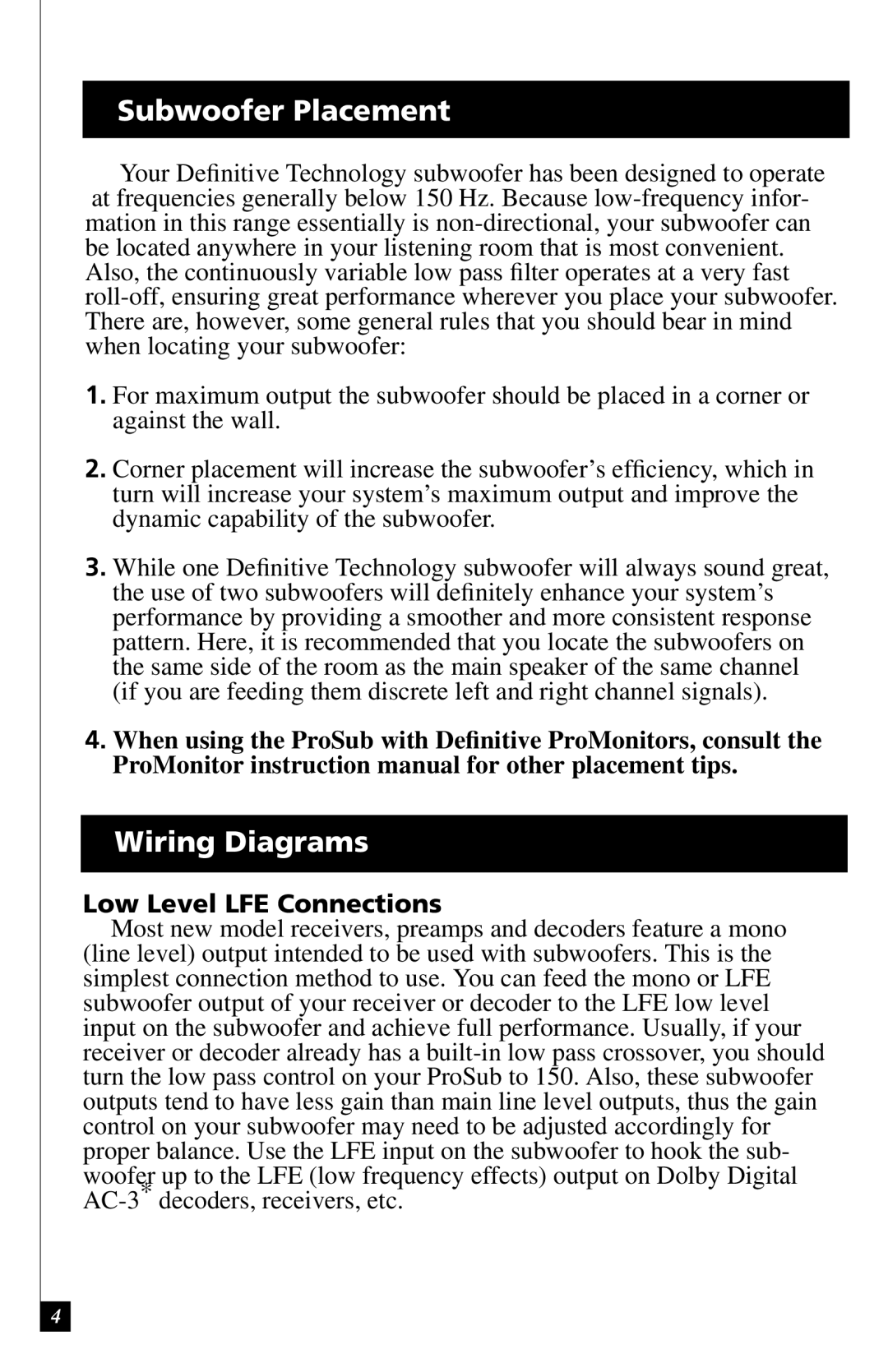 Definitive Technology ProSub 800/1000, ProSub Subwoofer Subwoofer Placement, Wiring Diagrams, Low Level LFE Connections 