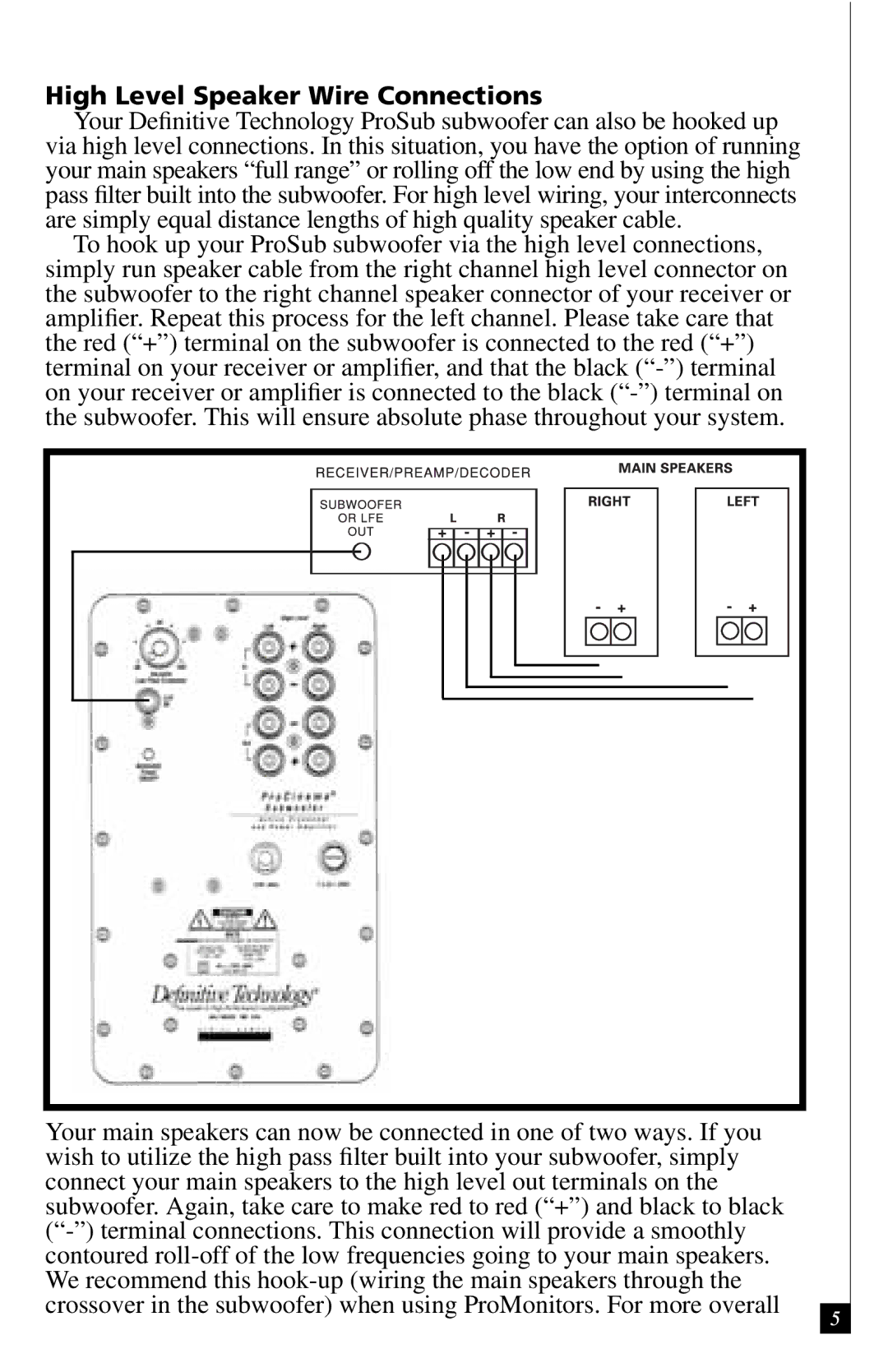 Definitive Technology ProSub Subwoofer, ProSub 800/1000 owner manual High Level Speaker Wire Connections 