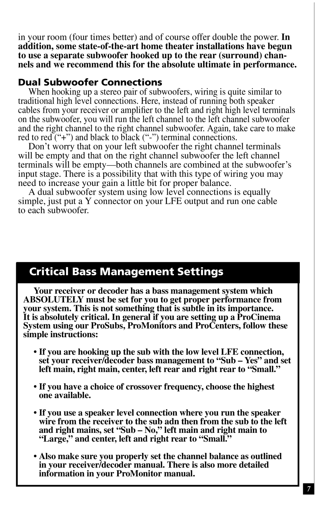 Definitive Technology ProSub Subwoofer, ProSub 800/1000 Critical Bass Management Settings, Dual Subwoofer Connections 