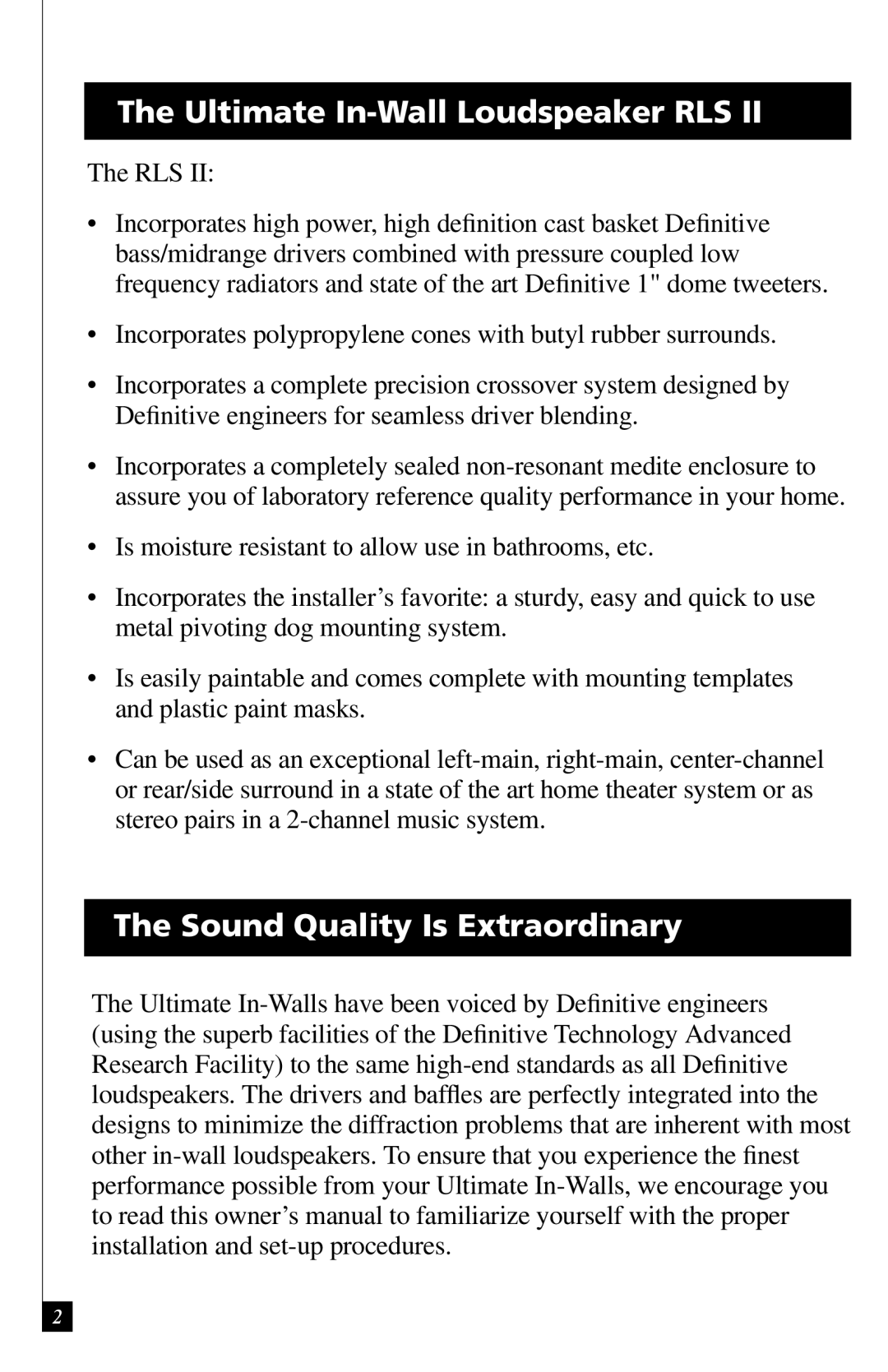 Definitive Technology RLS II owner manual Ultimate In-Wall Loudspeaker RLS, Sound Quality Is Extraordinary 