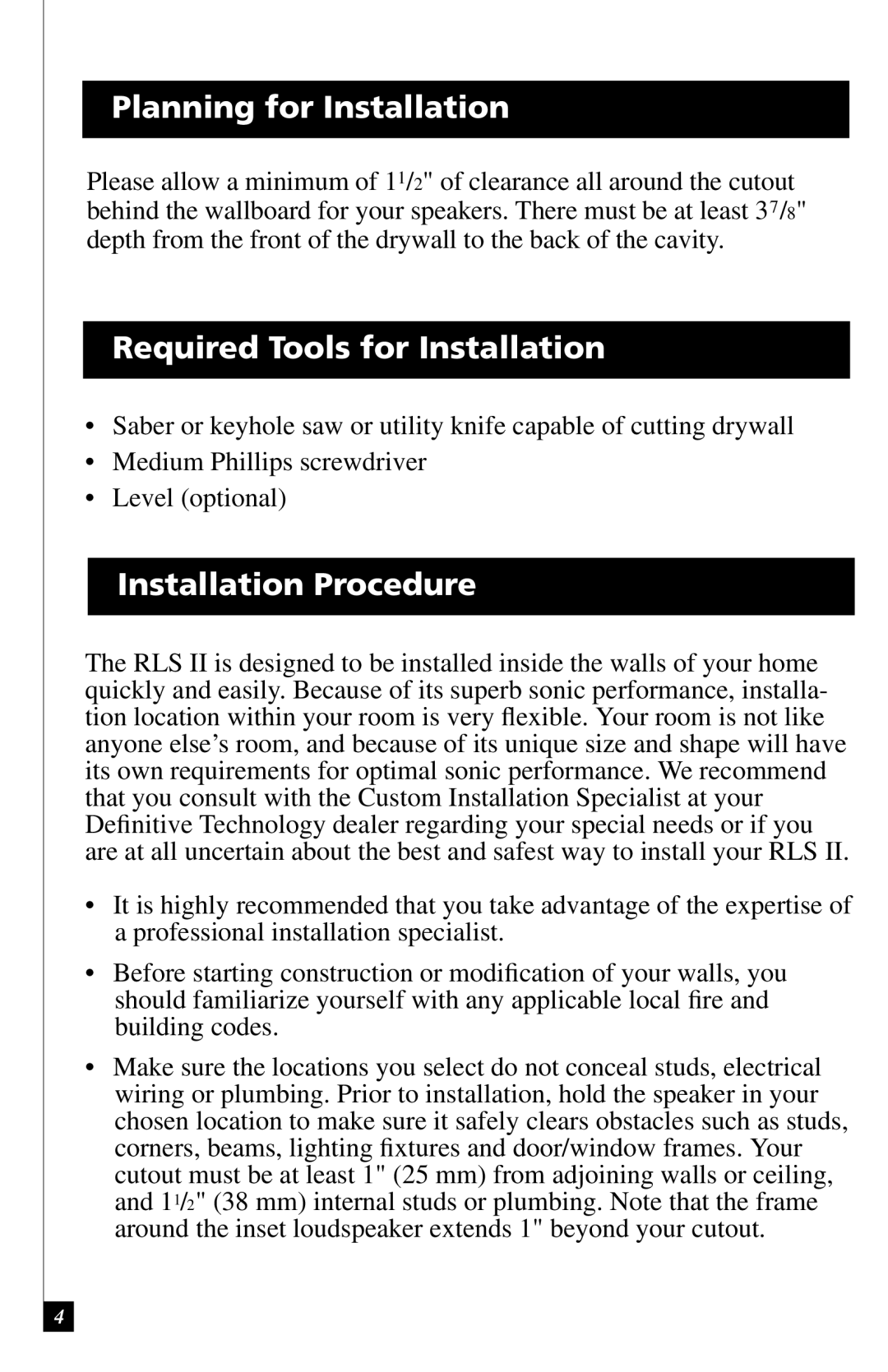 Definitive Technology RLS II Planning for Installation, Required Tools for Installation, Installation Procedure 