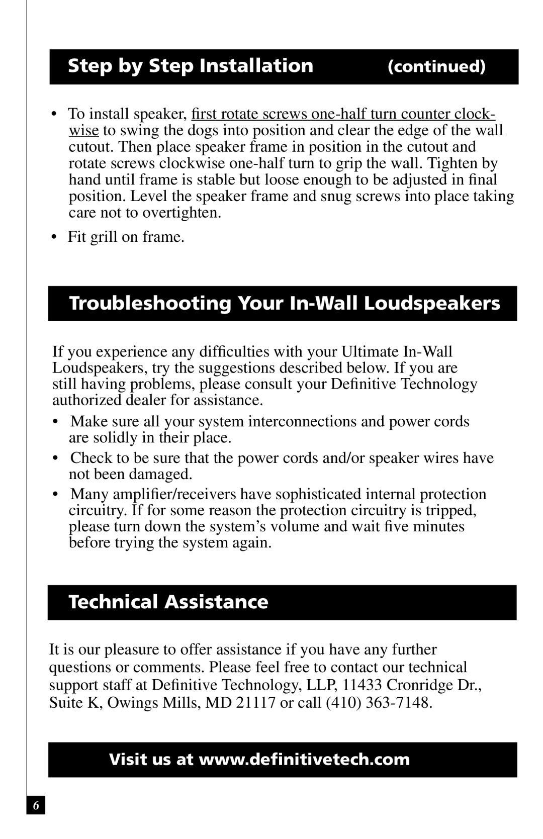 Definitive Technology RLS II Step by Step Installation, Troubleshooting Your In-Wall Loudspeakers, Technical Assistance 