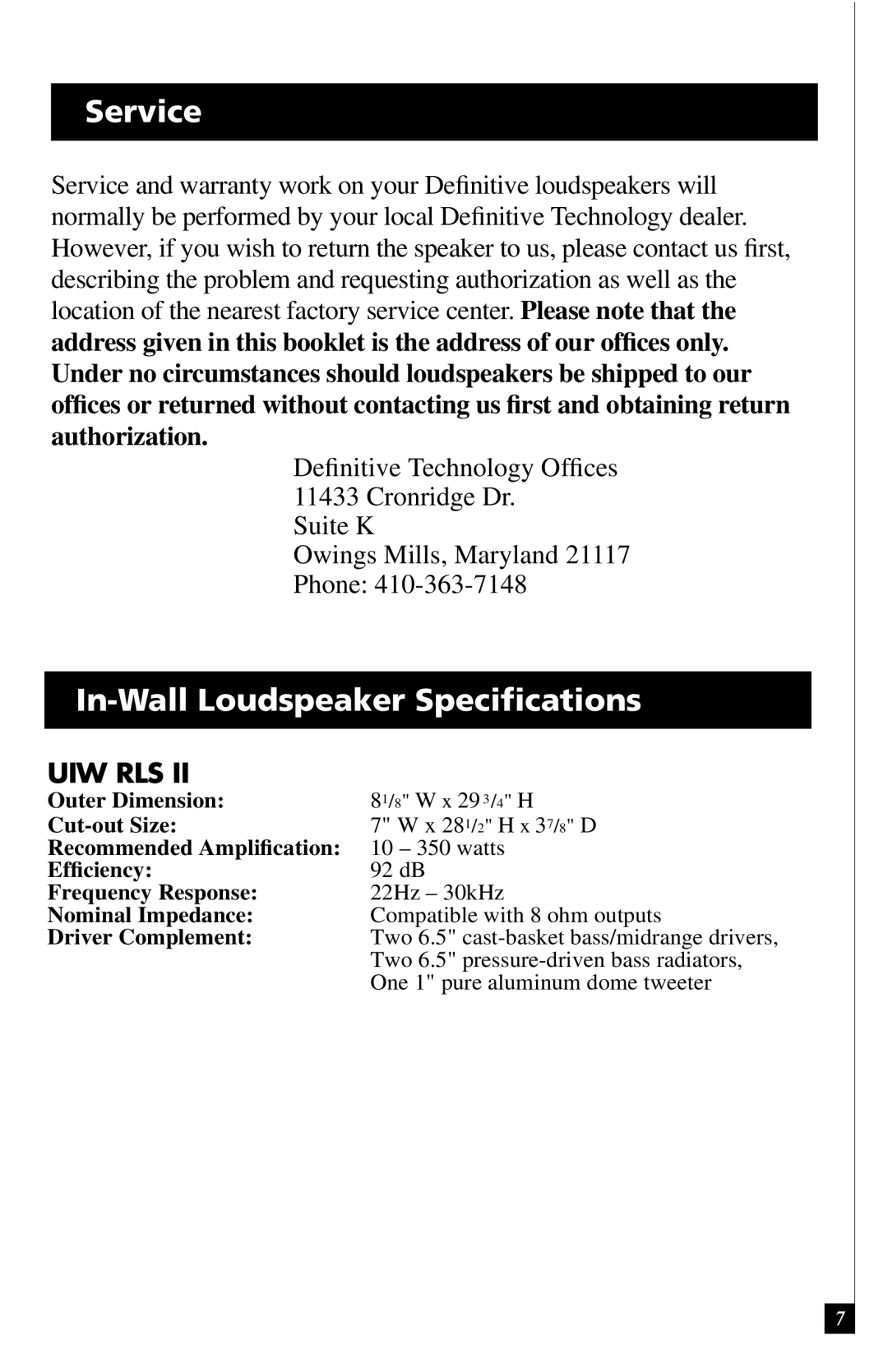 Definitive Technology RLS II owner manual Service, In-Wall Loudspeaker Speciﬁcations 