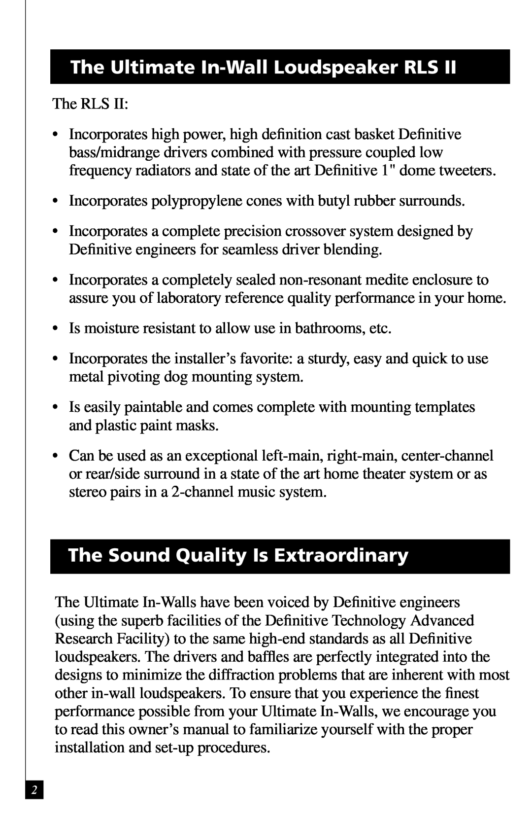 Definitive Technology RLS II, In-Wall Loudspeaker The Ultimate In-WallLoudspeaker RLS, The Sound Quality Is Extraordinary 