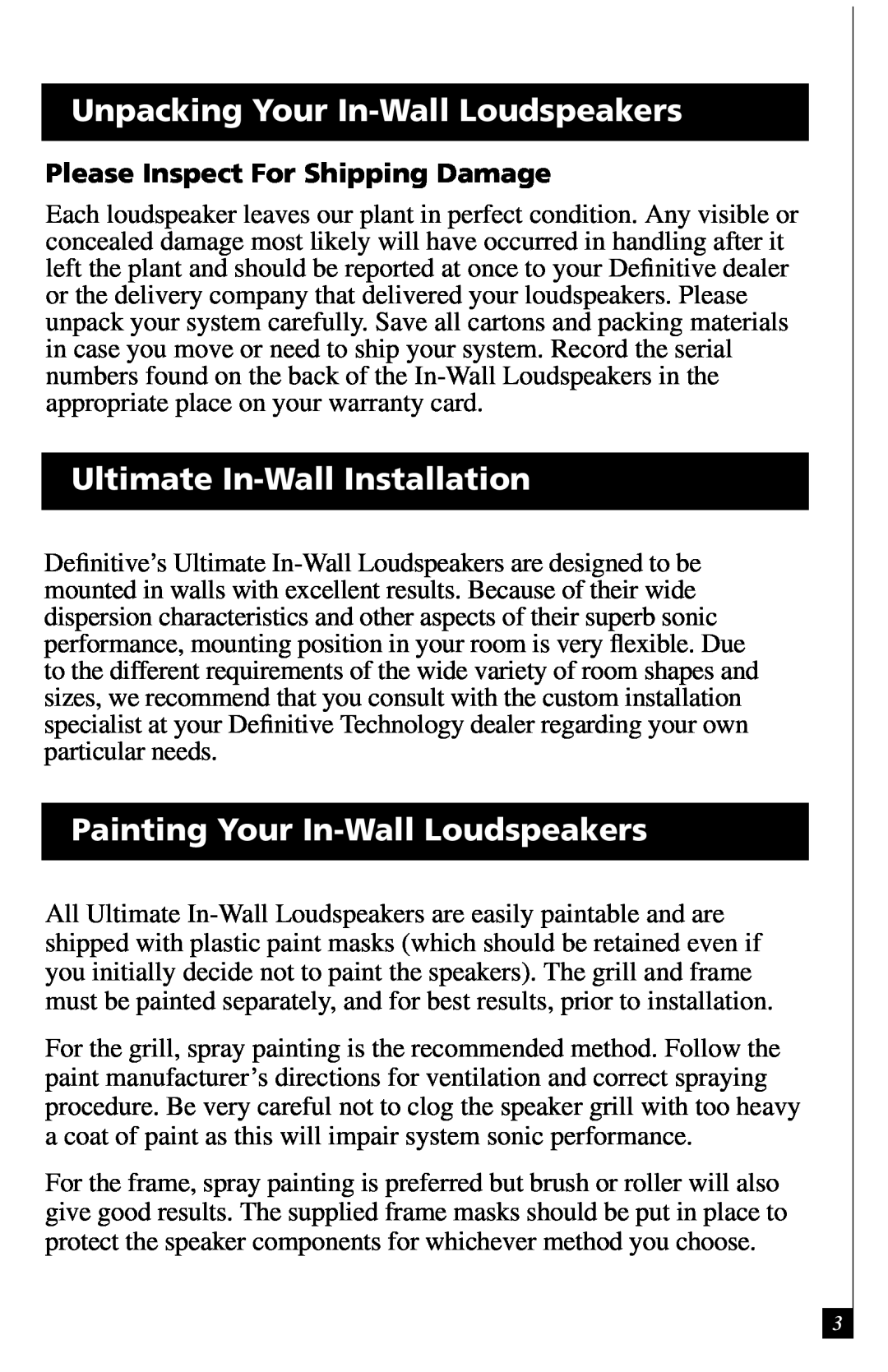 Definitive Technology In-Wall Loudspeaker, RLS II Unpacking Your In-WallLoudspeakers, Ultimate In-WallInstallation 