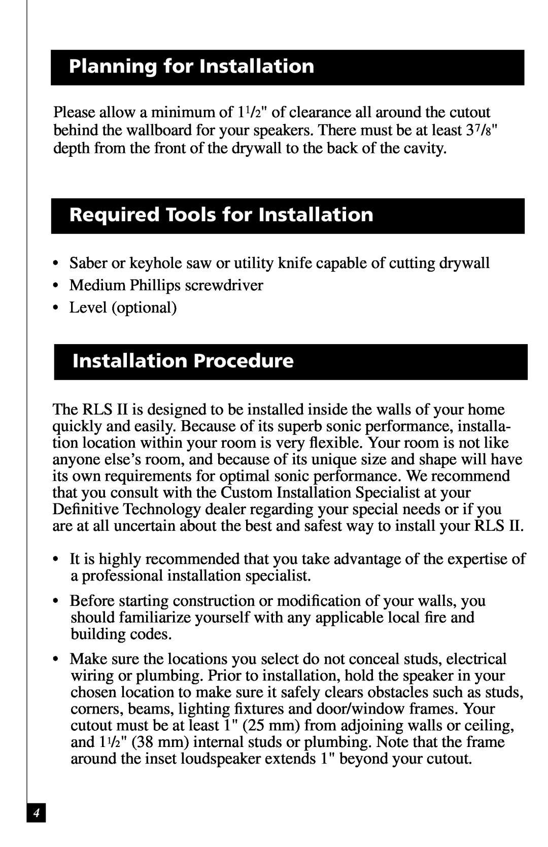 Definitive Technology RLS II Planning for Installation, Required Tools for Installation, Installation Procedure 