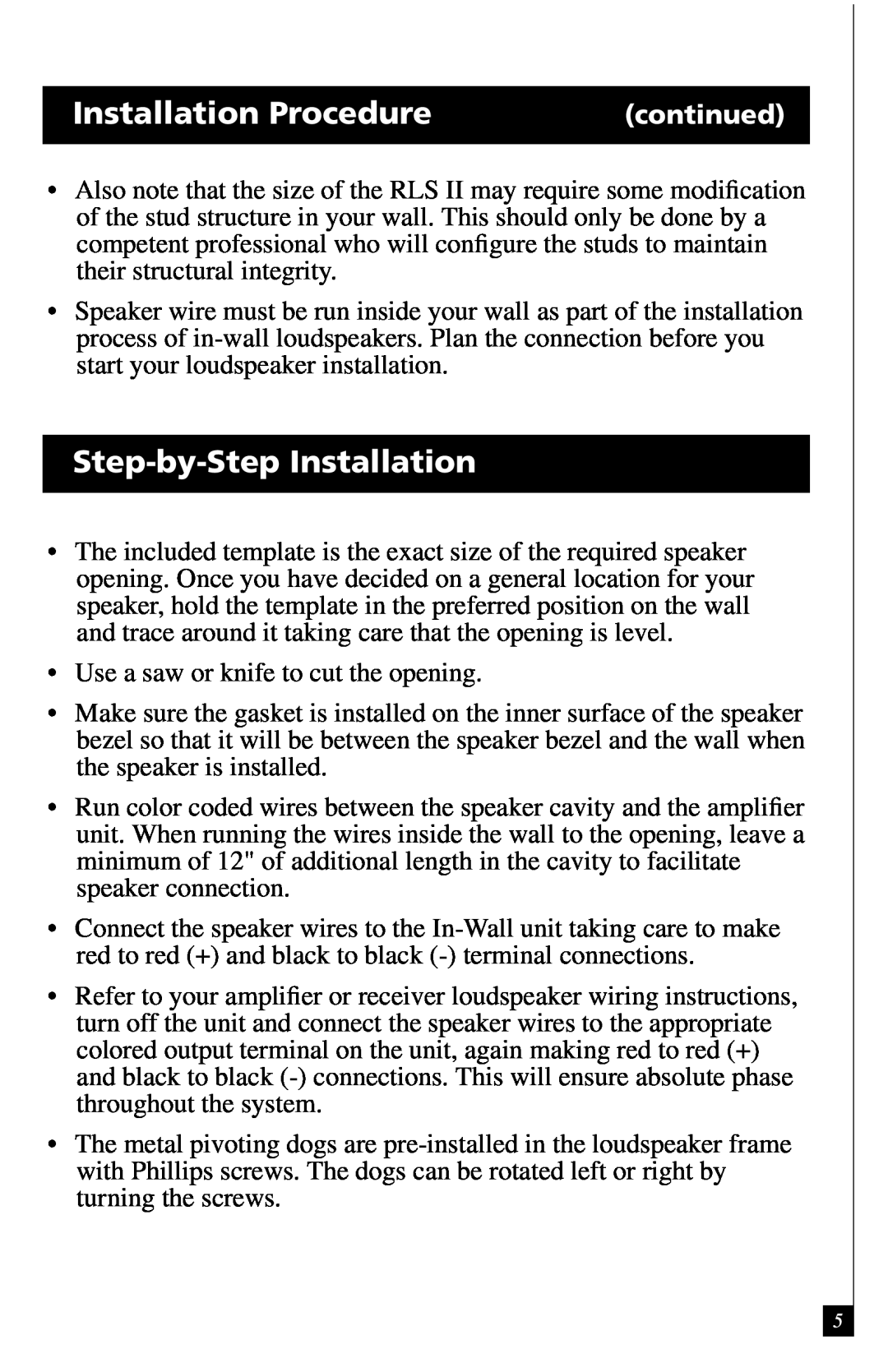 Definitive Technology In-Wall Loudspeaker, RLS II owner manual Step-by-StepInstallation, continued, Installation Procedure 
