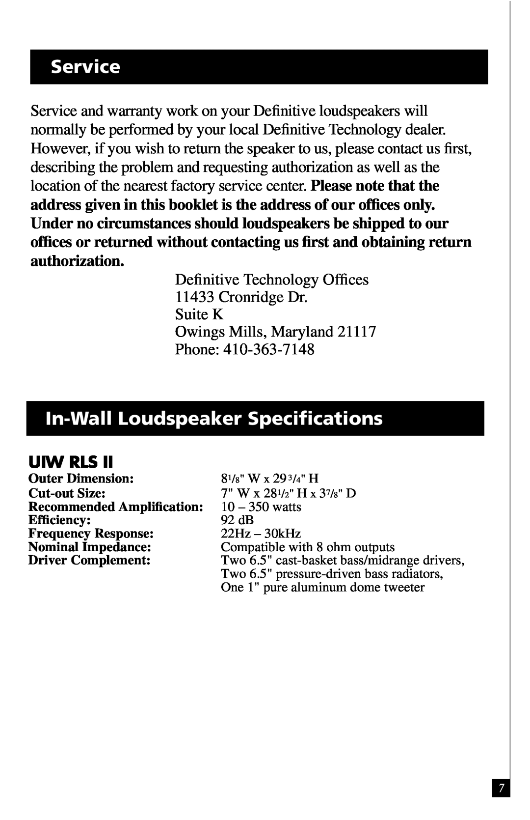 Definitive Technology In-Wall Loudspeaker, RLS II owner manual Service, In-WallLoudspeaker Speciﬁcations, Uiw Rls 