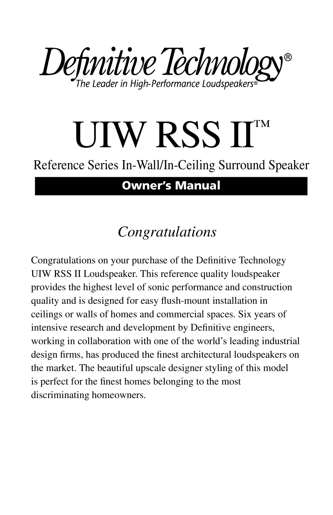 Definitive Technology RSS II owner manual Uiw Rss 