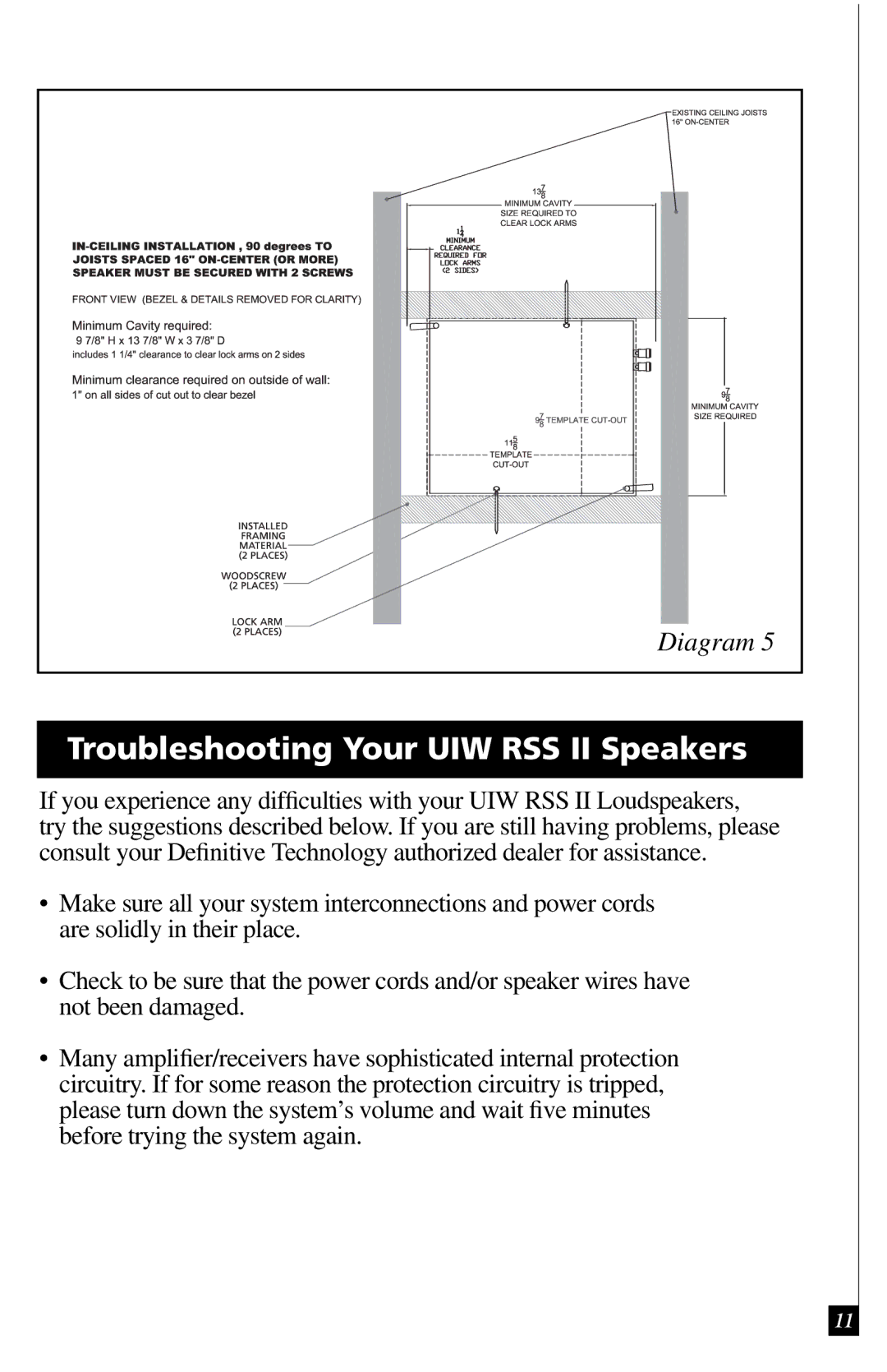 Definitive Technology owner manual Troubleshooting Your UIW RSS II Speakers 