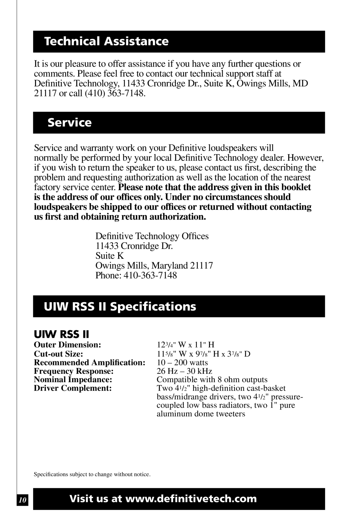 Definitive Technology owner manual Technical Assistance, Service, UIW RSS II Speciﬁcations 