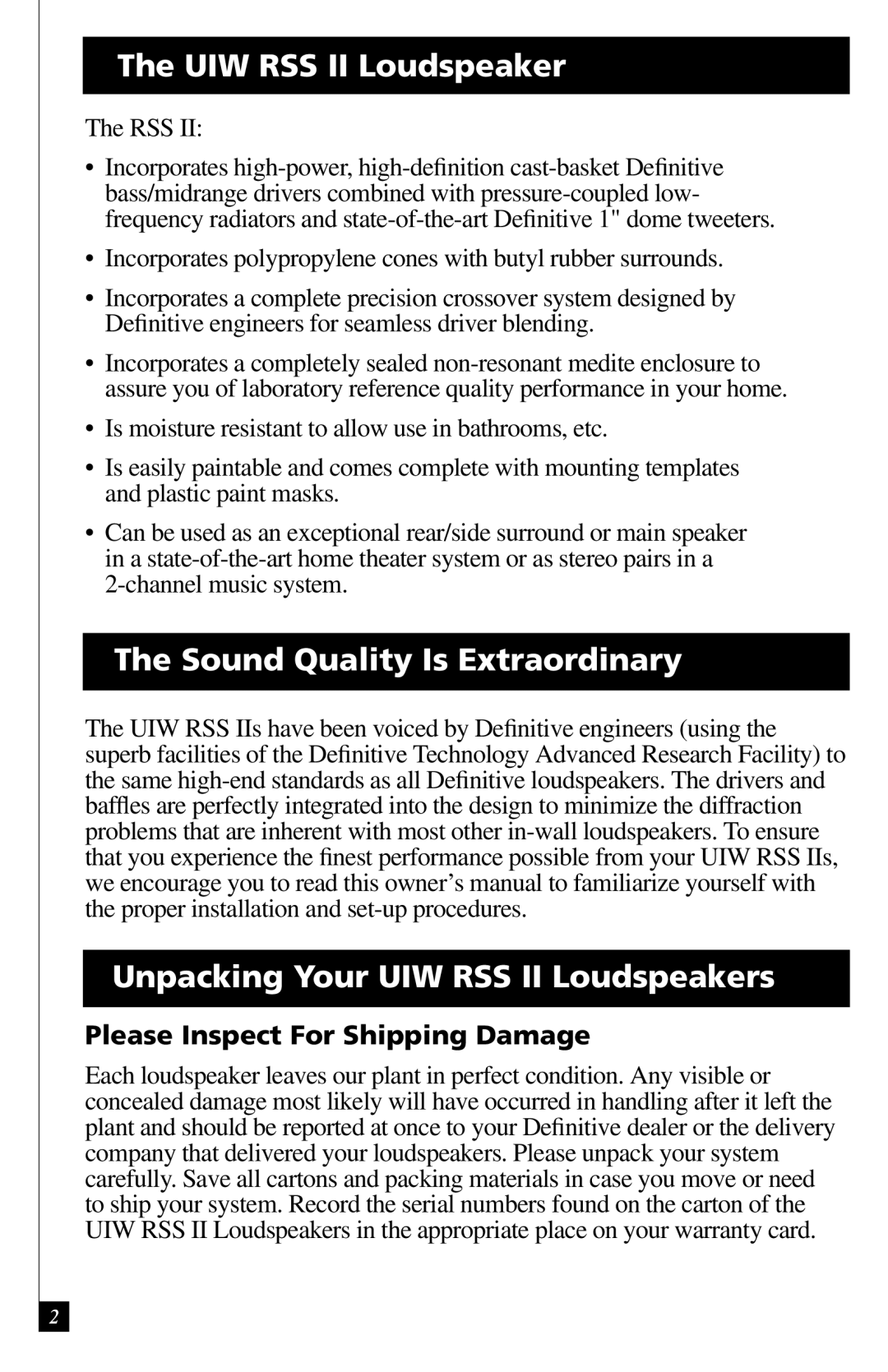 Definitive Technology owner manual UIW RSS II Loudspeaker, Please Inspect For Shipping Damage 