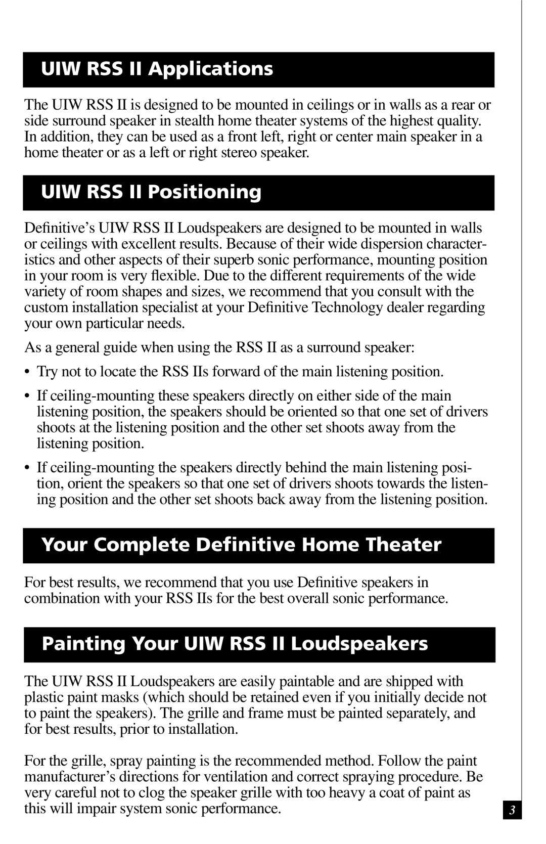 Definitive Technology owner manual UIW RSS II Applications, UIW RSS II Positioning, Your Complete Deﬁnitive Home Theater 