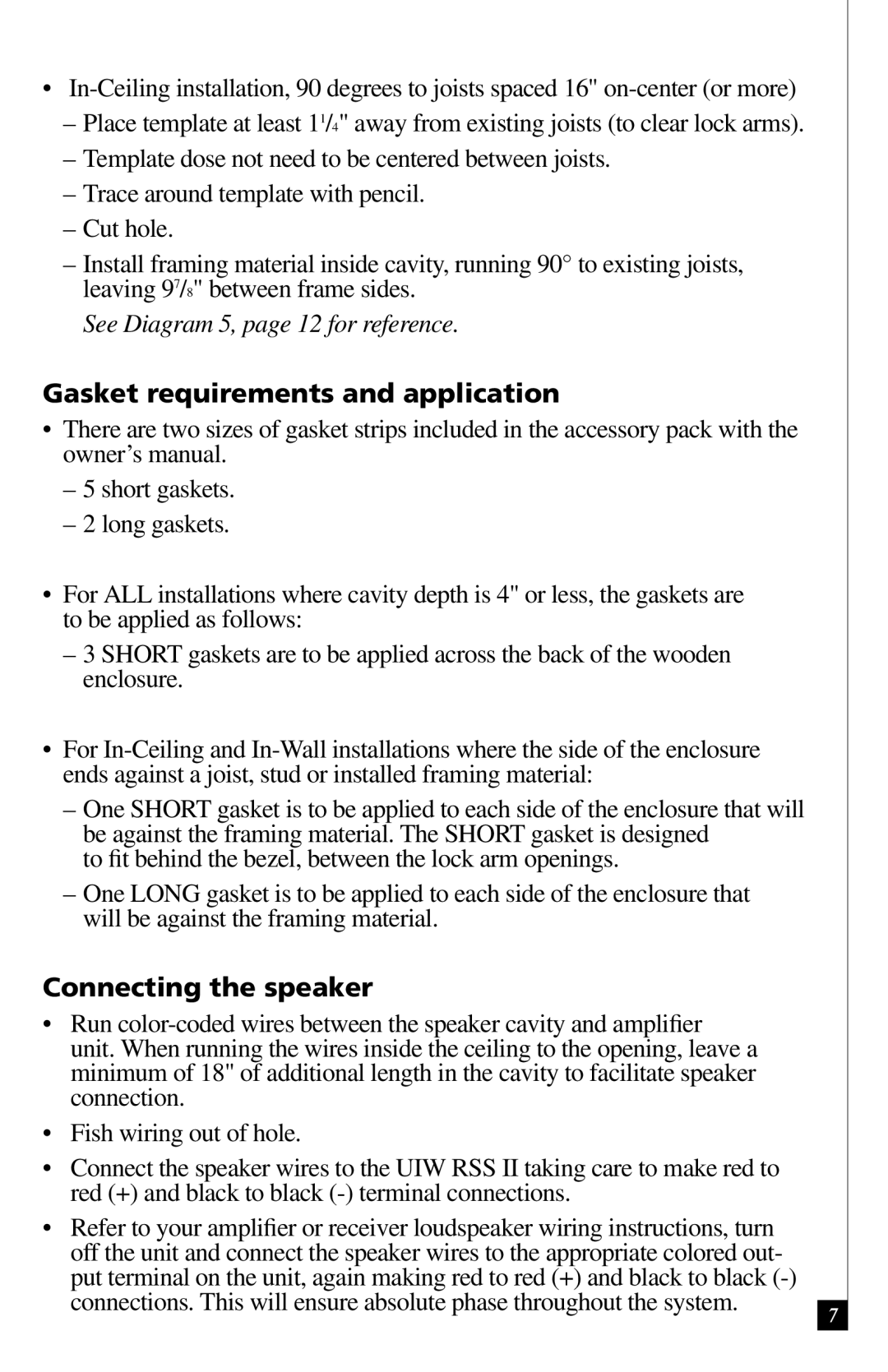 Definitive Technology RSS II owner manual Gasket requirements and application, Connecting the speaker 