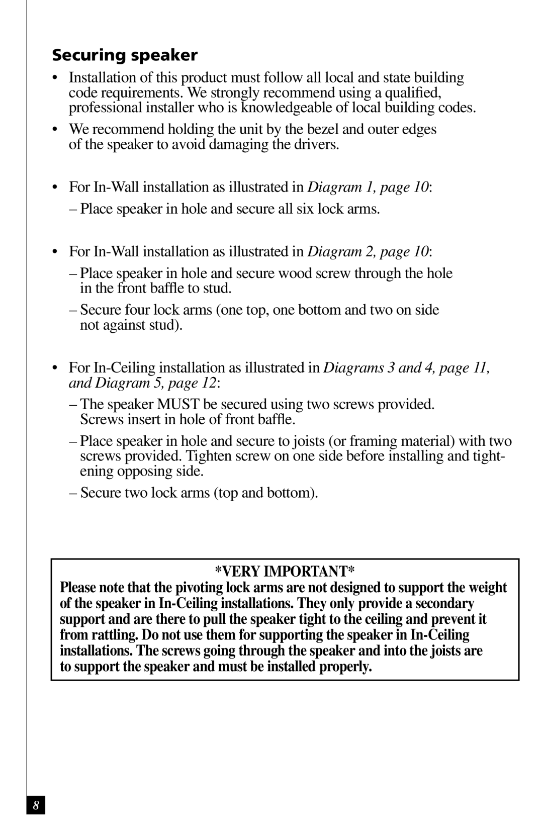 Definitive Technology RSS II owner manual Securing speaker, Very Important 