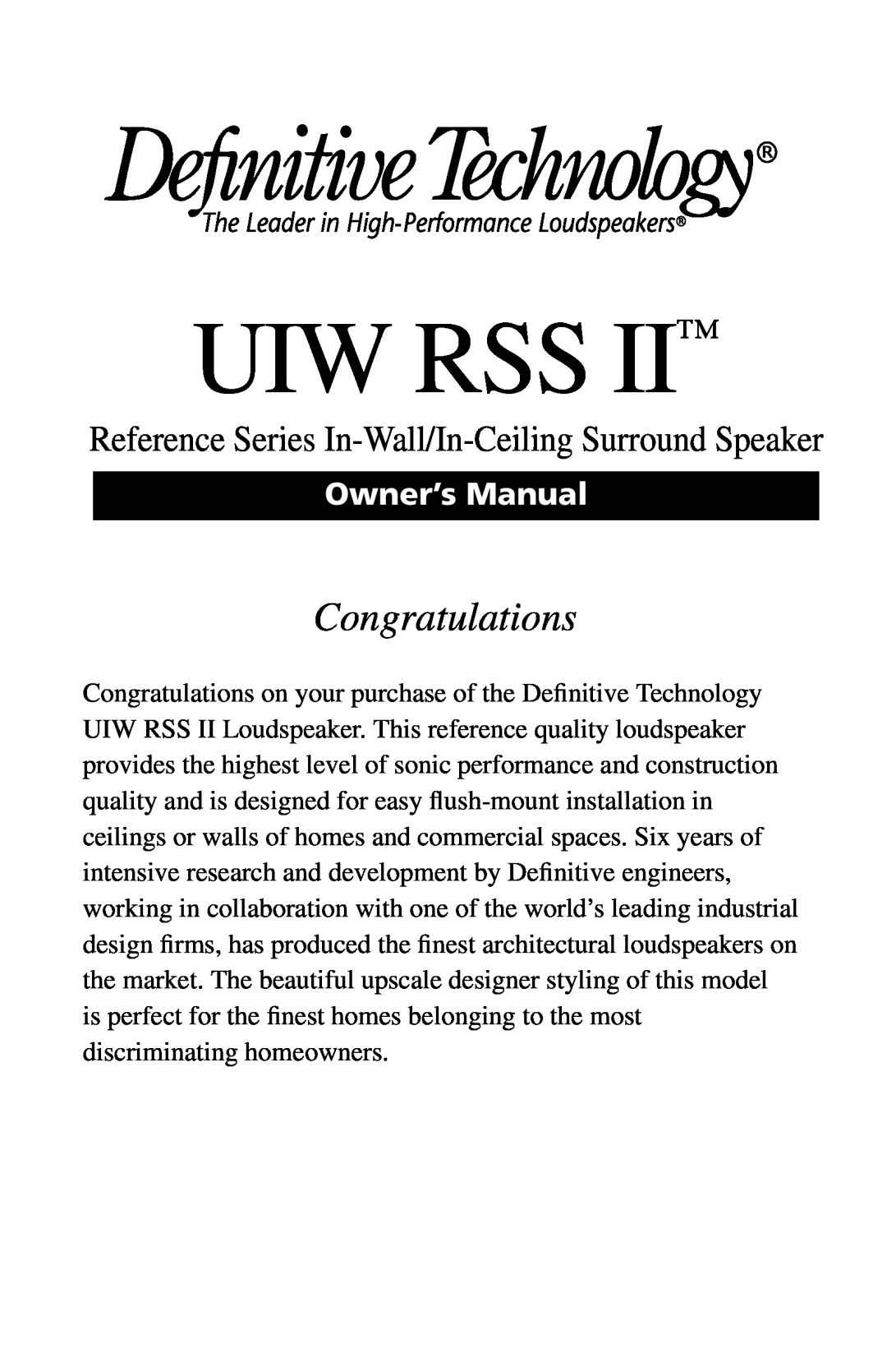 Definitive Technology RSS II owner manual Uiw Rss, Congratulations 