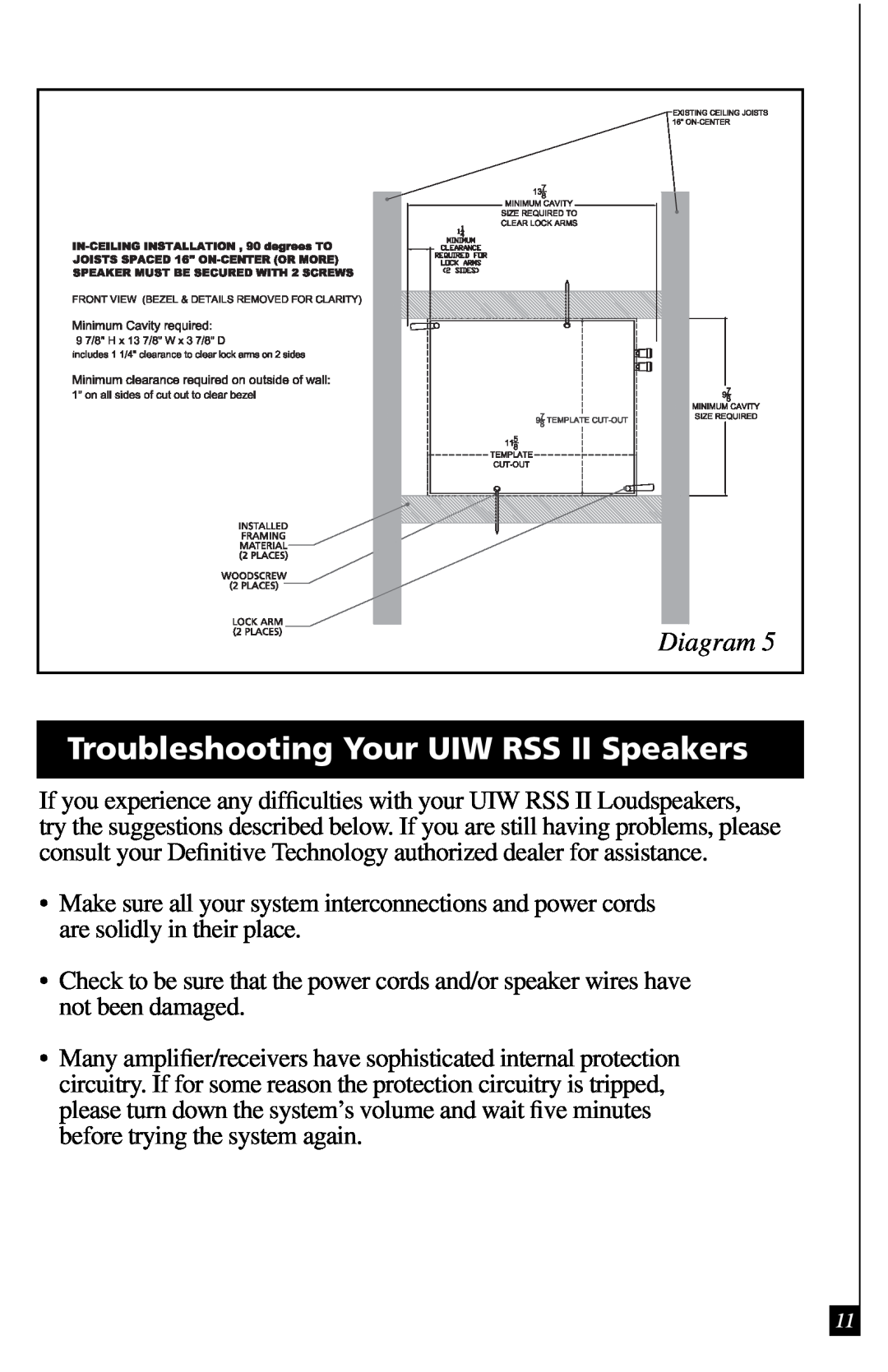 Definitive Technology owner manual Troubleshooting Your UIW RSS II Speakers, Diagram 