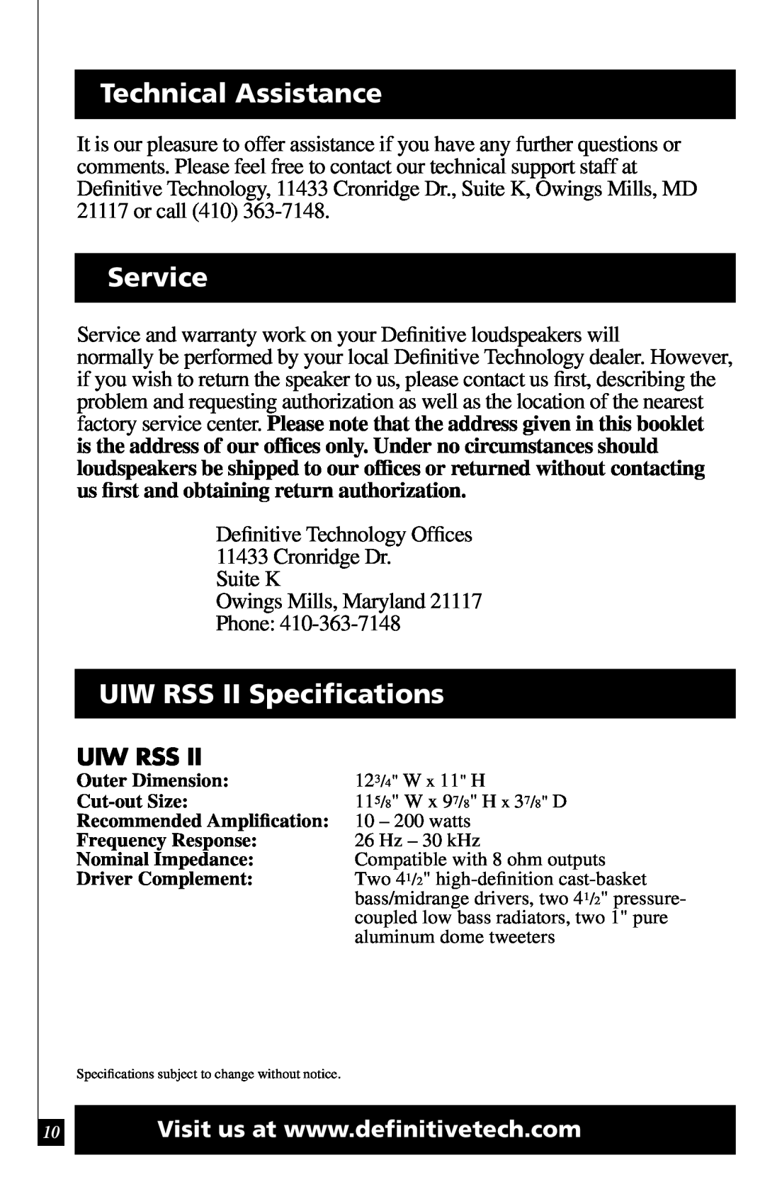Definitive Technology owner manual Technical Assistance, Service, UIW RSS II Speciﬁcations, Uiw Rss 