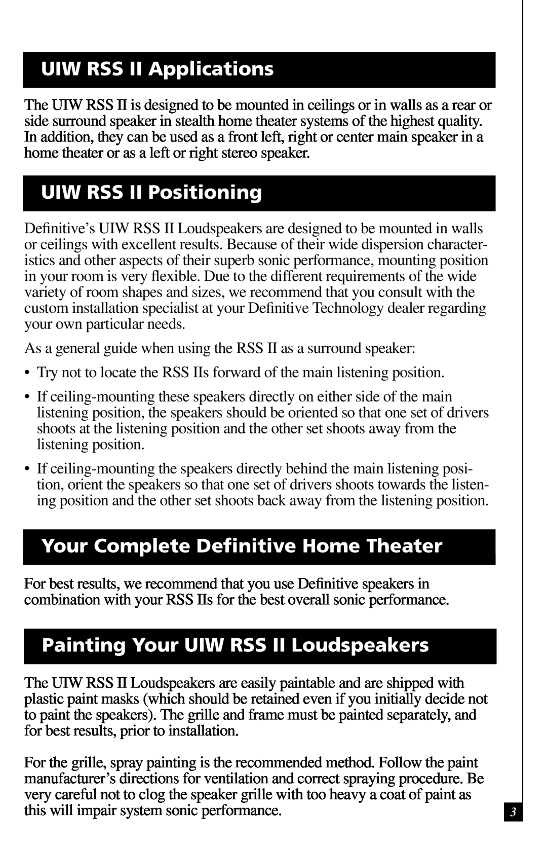 Definitive Technology owner manual UIW RSS II Applications, UIW RSS II Positioning, Your Complete Deﬁnitive Home Theater 