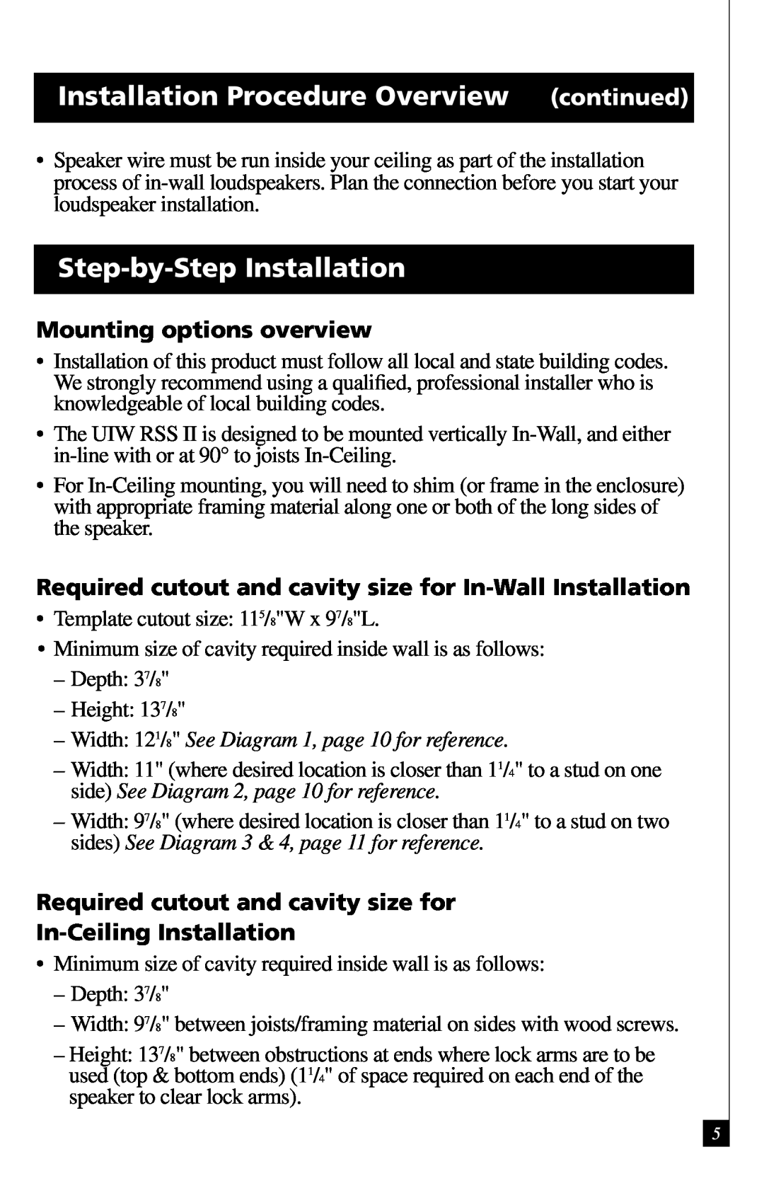 Definitive Technology RSS II Installation Procedure Overview continued, Step-by-StepInstallation, In-CeilingInstallation 