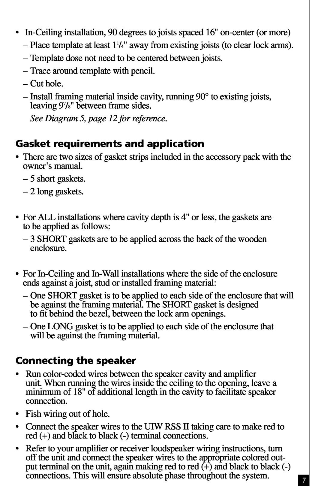 Definitive Technology RSS II owner manual Gasket requirements and application, Connecting the speaker 