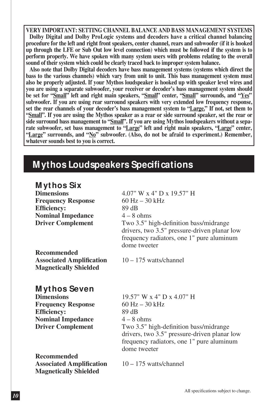 Definitive Technology owner manual Mythos Loudspeakers Speciﬁcations, Mythos Six, Mythos Seven 