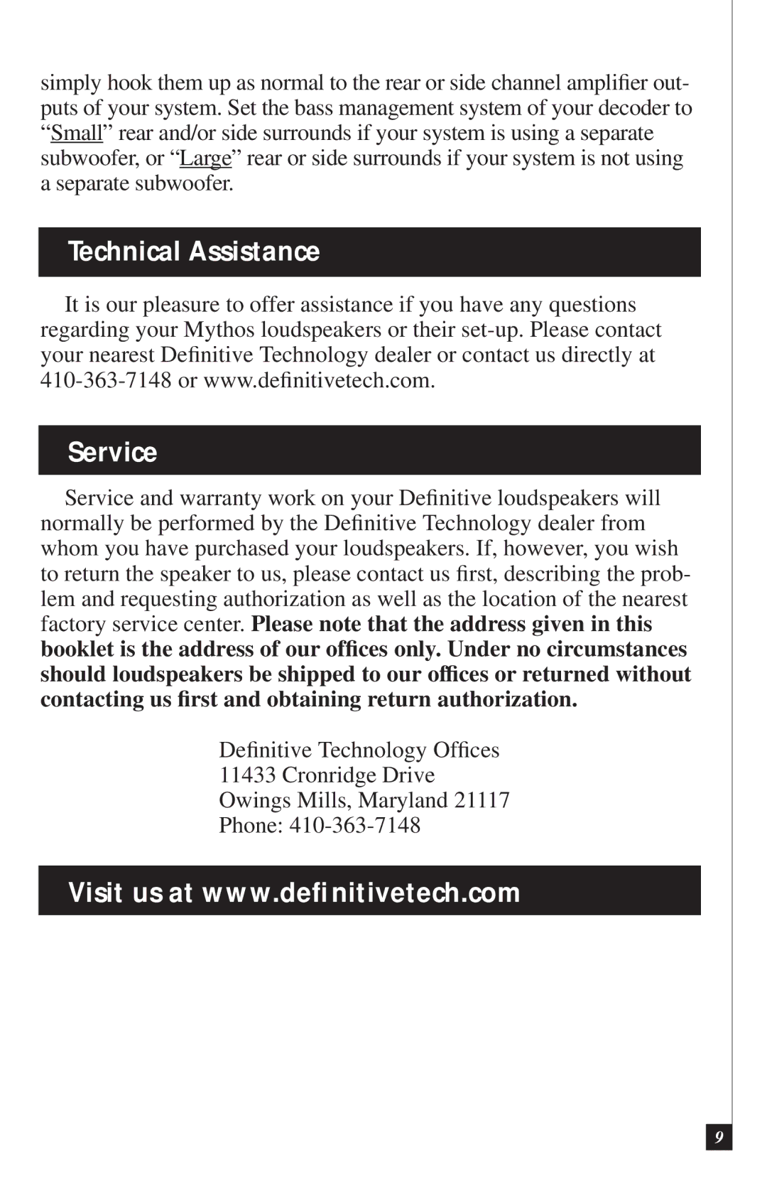 Definitive Technology Seven, Six owner manual Technical Assistance Service 