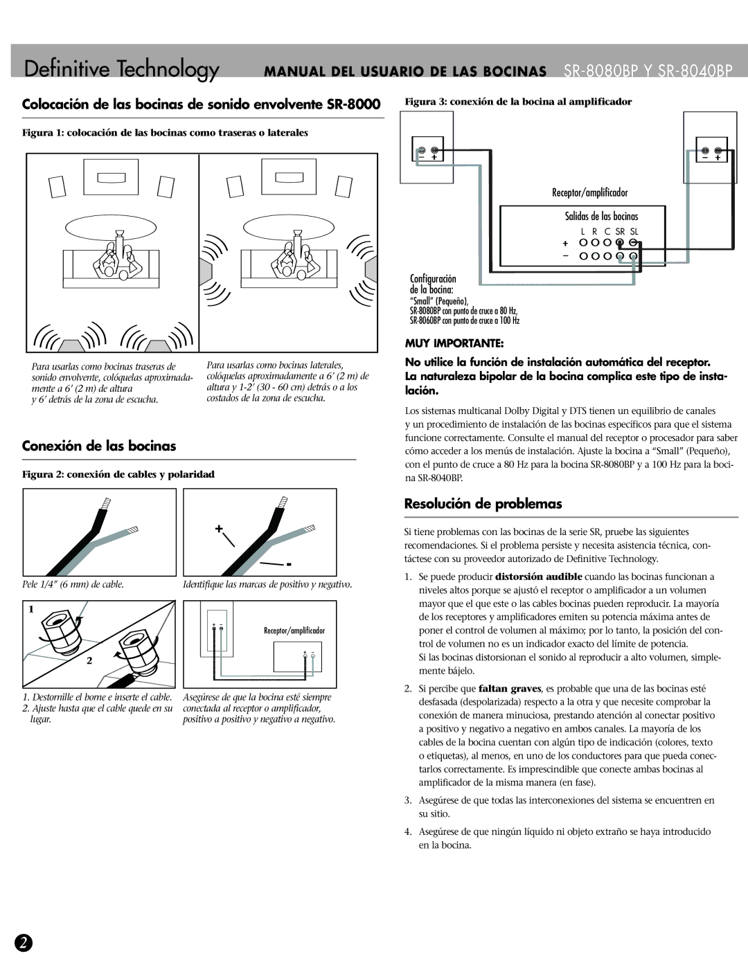 Definitive Technology SR-8040BP, SR-8080BP Colocación de las bocinas de sonido envolvente SR-8000, Conexión de las bocinas 