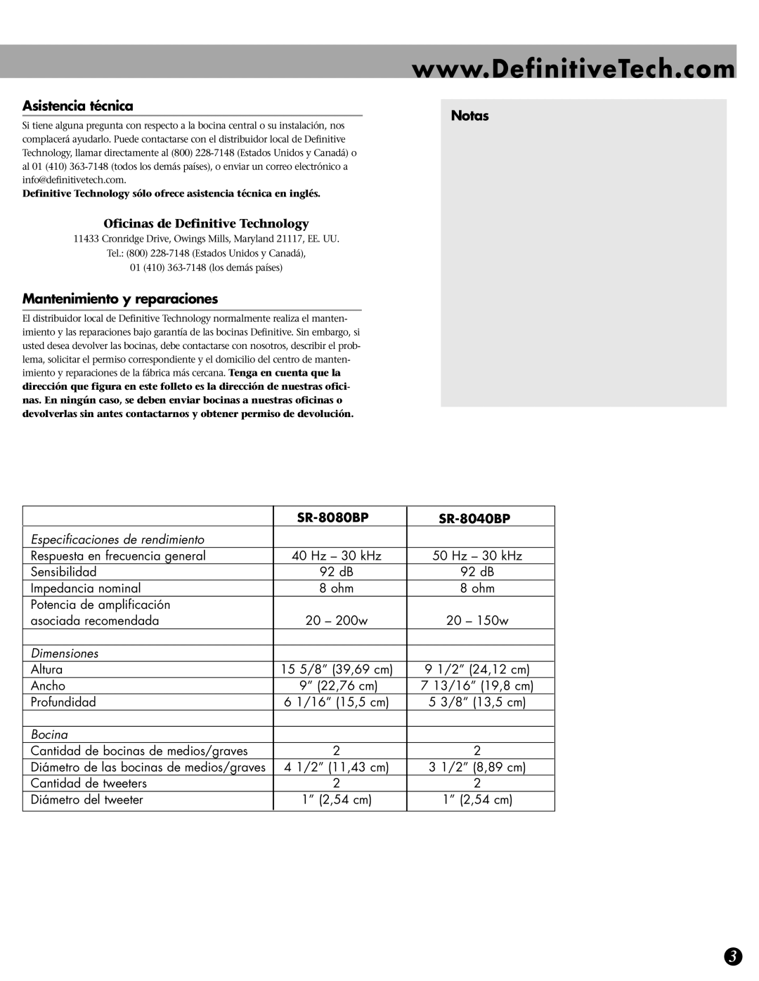 Definitive Technology SR-8080BP Asistencia técnica Notas, Mantenimiento y reparaciones, Oficinas de Definitive Technology 