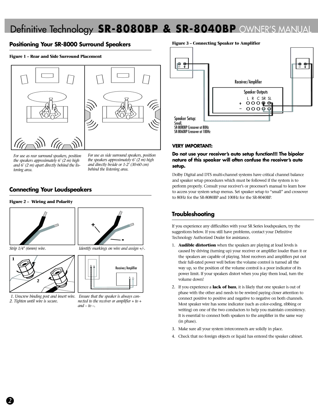 Definitive Technology SR-8040BP Positioning Your SR-8000 Surround Speakers, Connecting Your Loudspeakers, Troubleshooting 