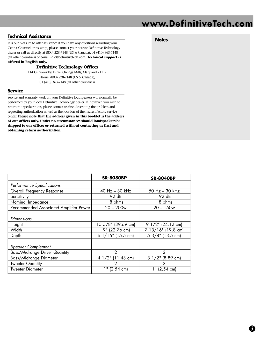 Definitive Technology SR-8080BP, SR-8040BP owner manual Technical Assistance, Service, Definitive Technology Offices 