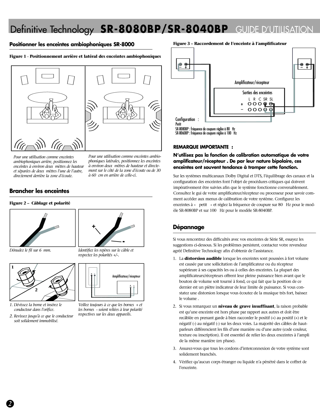 Definitive Technology SR-8040BP, SR-8080BP owner manual Brancher les enceintes, Dépannage, Remarque Importante 