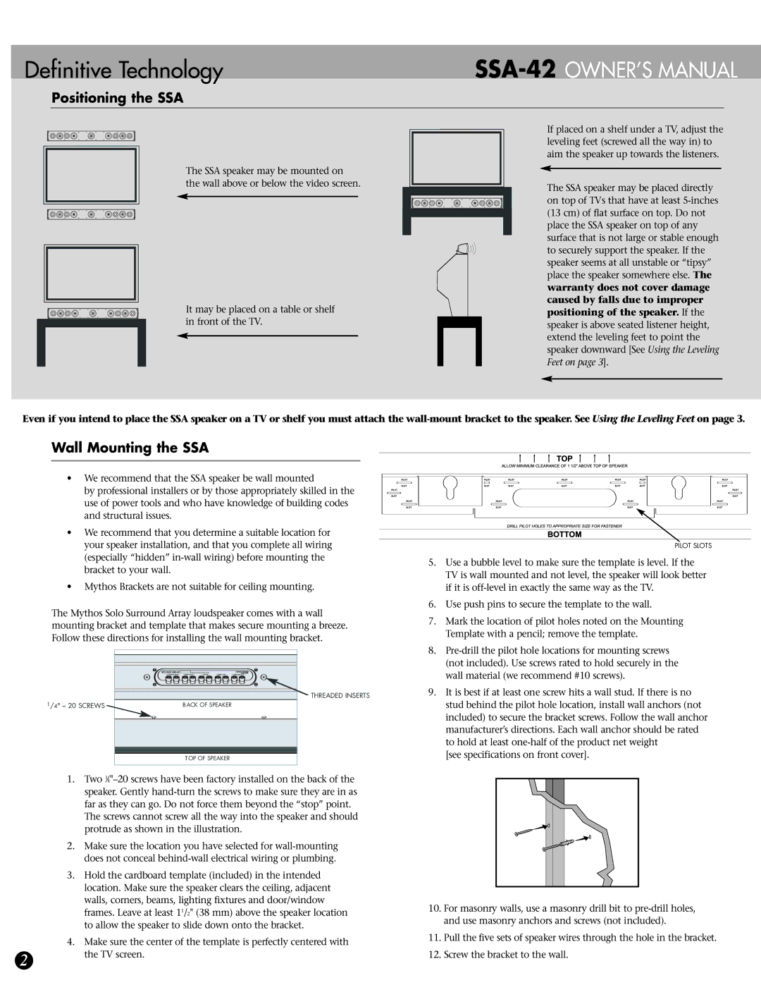 Definitive Technology SSA-42, Mythos Solo Surround Array Loudspeakers Positioning the SSA, Wall Mounting the SSA 