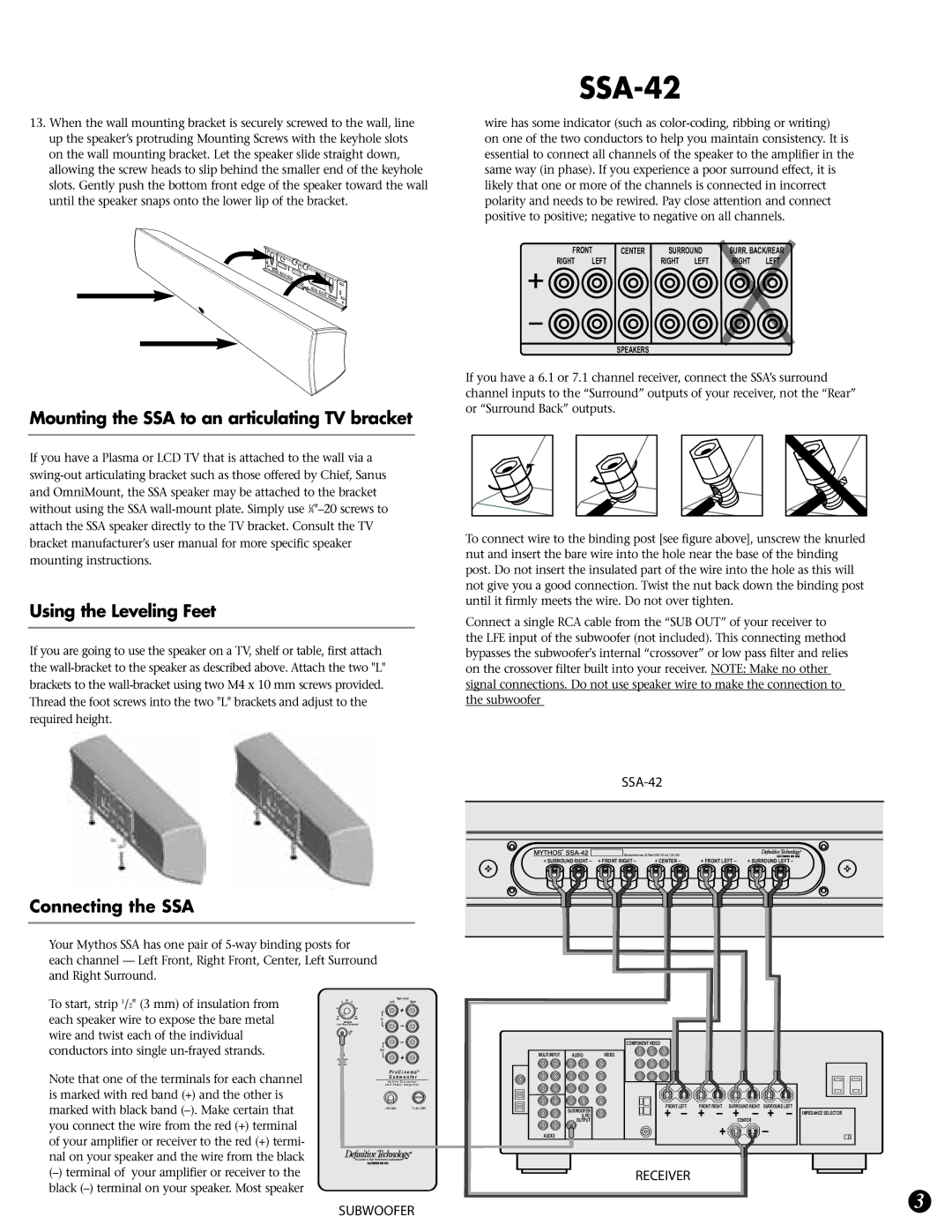 Definitive Technology Mythos Solo Surround Array Loudspeakers specifications SSA-42, Connecting the SSA 