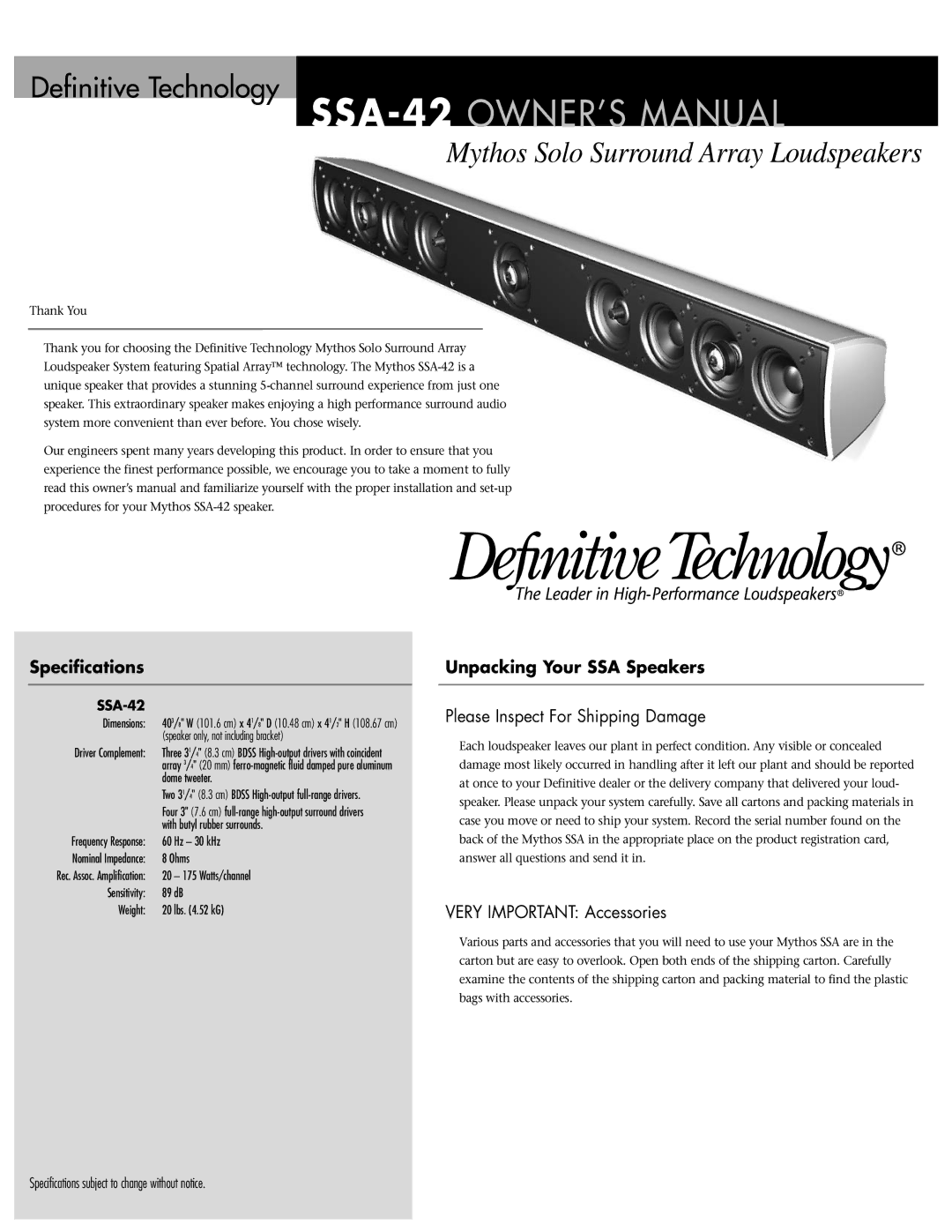 Definitive Technology SSA-42 specifications Specifications, Unpacking Your SSA Speakers, Very Important Accessories 