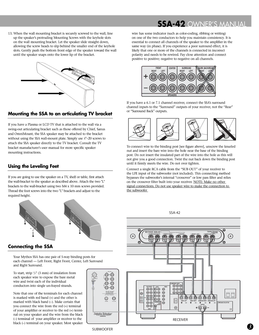 Definitive Technology SSA-42 specifications Connecting the SSA 