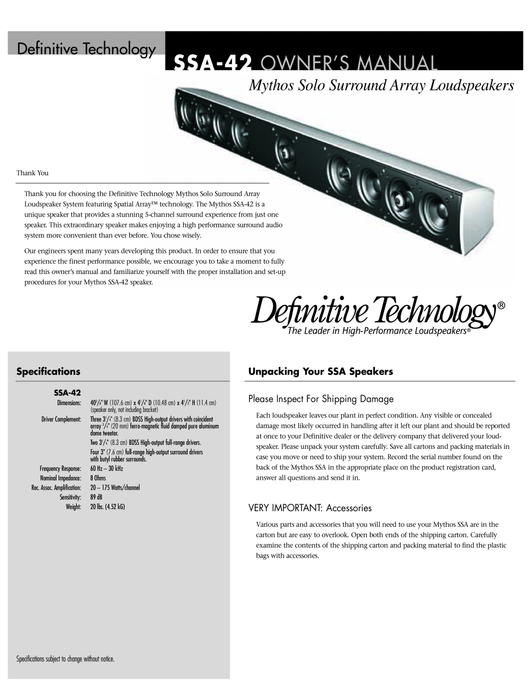 Definitive Technology SSA-42 specifications Specifications, Unpacking Your SSA Speakers, VERY IMPORTANT Accessories 
