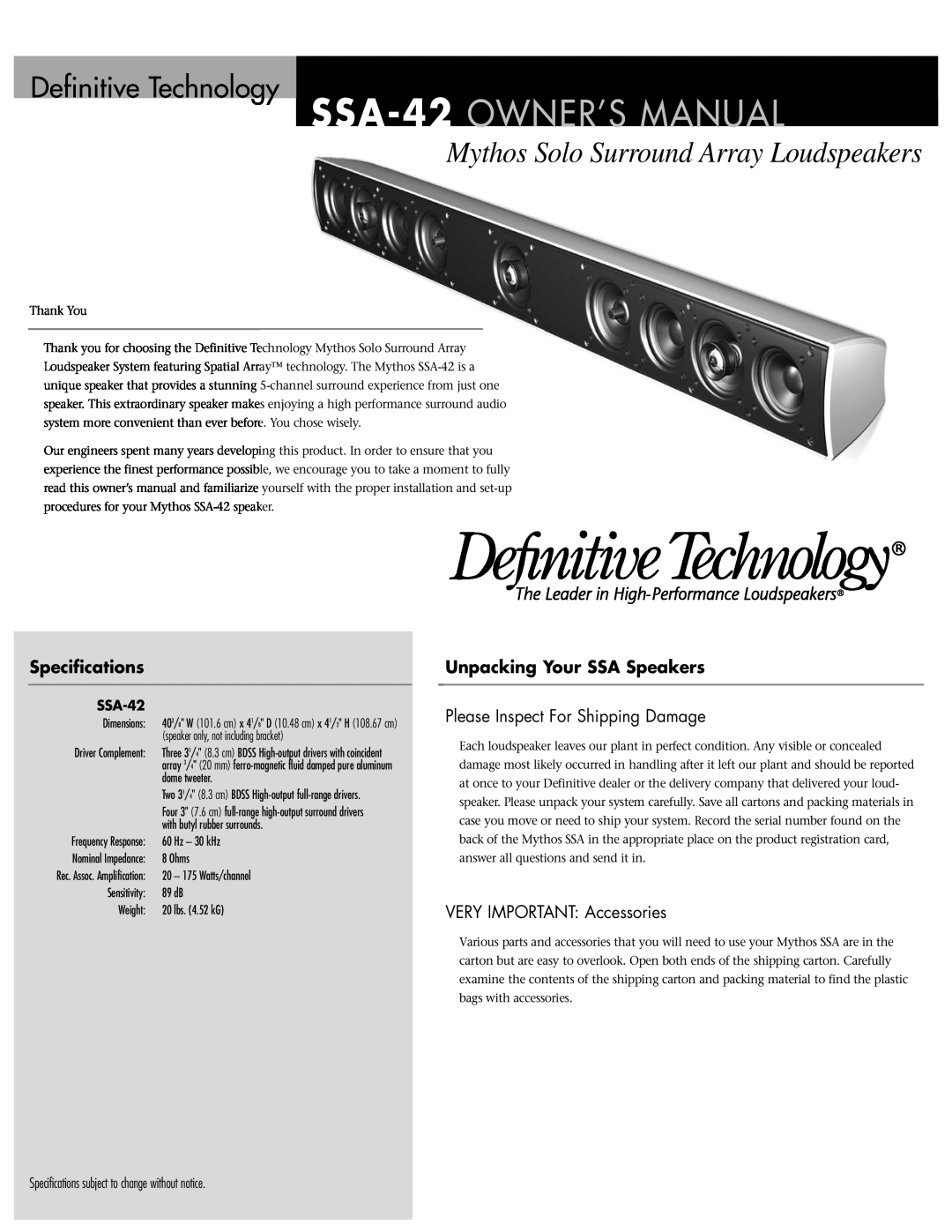 Definitive Technology SSA-42 specifications Specifications, Unpacking Your SSA Speakers, VERY IMPORTANT Accessories 